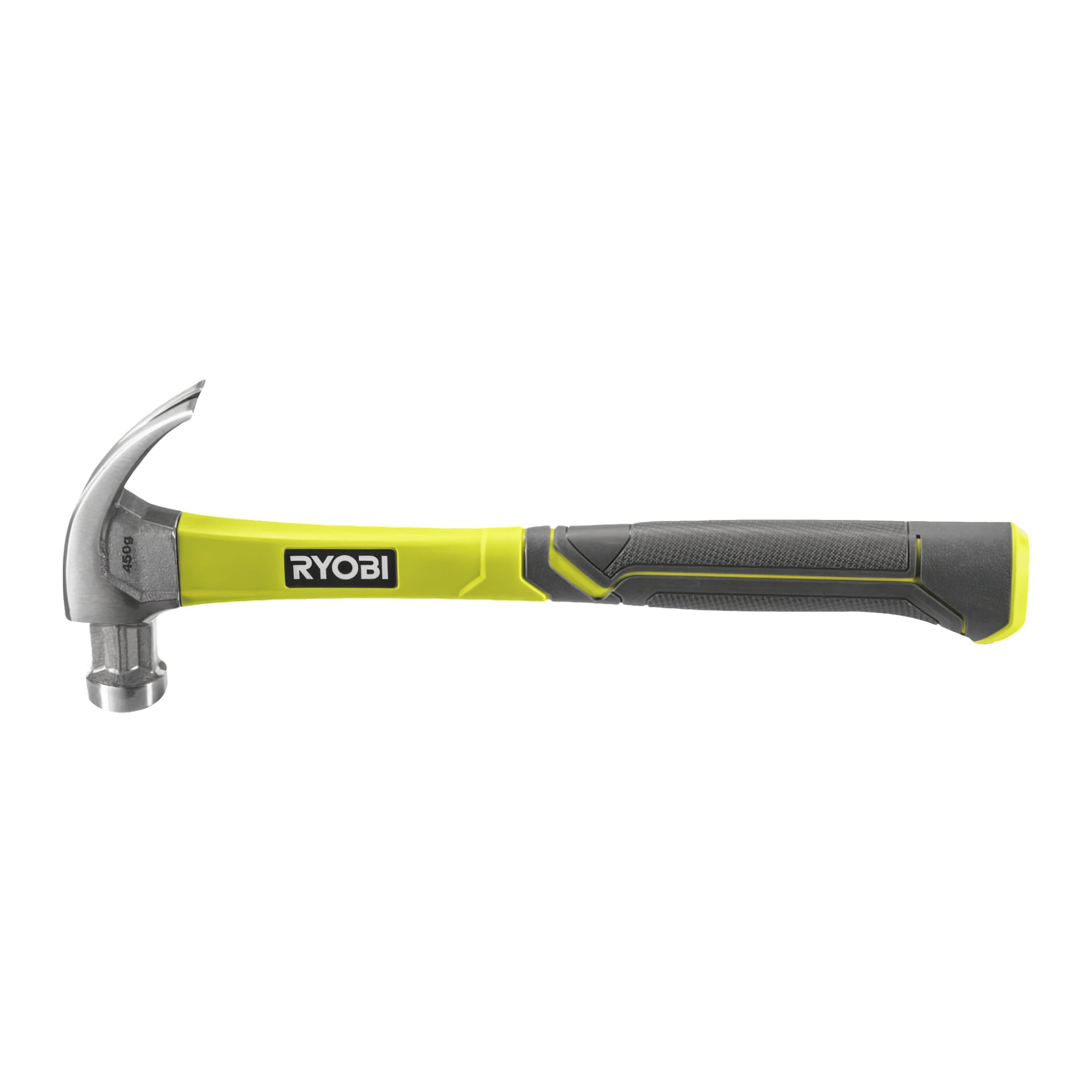 En Ryobi-snickarhammare RHHCC450 med ett silverfärgat metallhuvud och ett gult och svart gummihandtag, med Ryobi-loggan på handtaget.