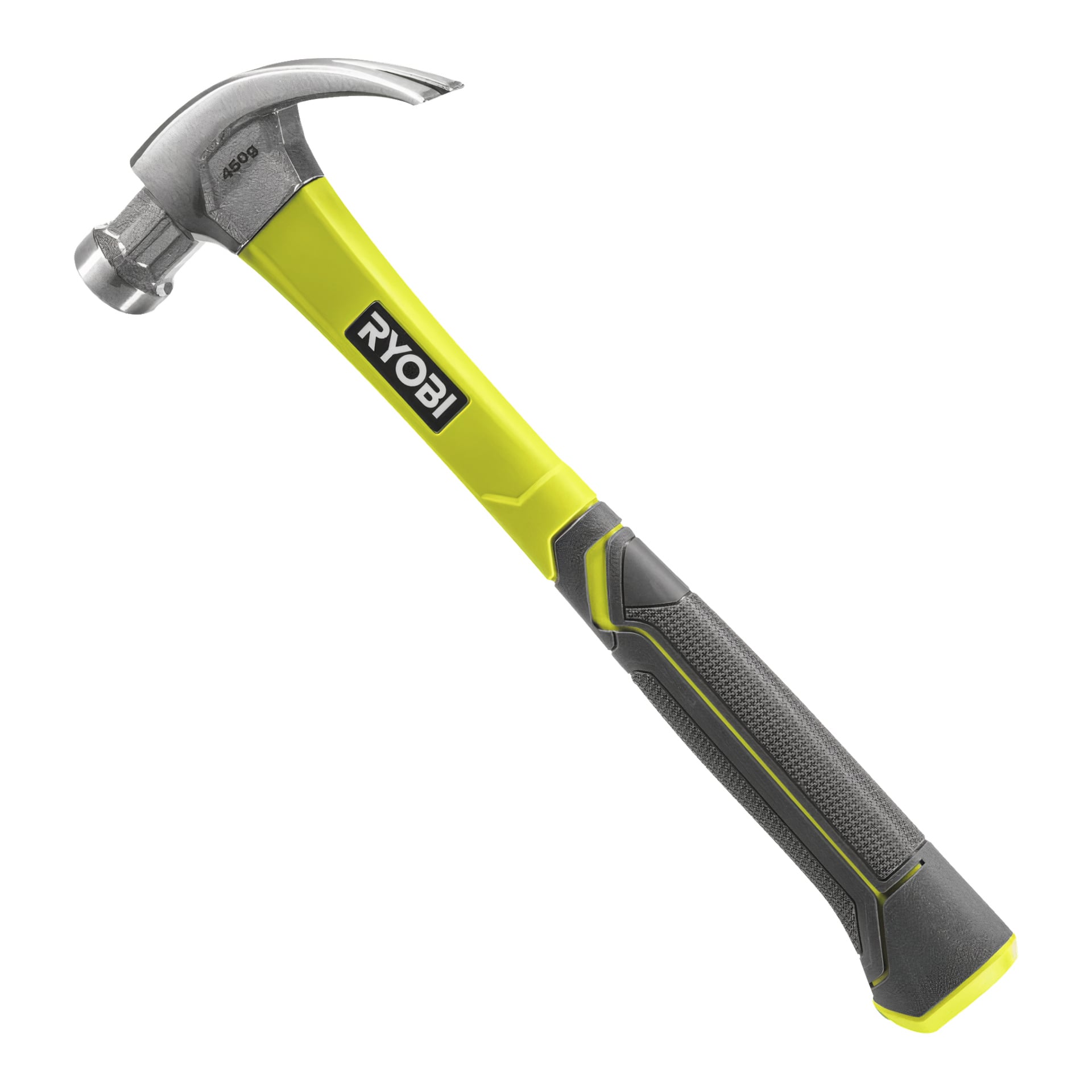 En Ryobi RHHCC450 snickarhammare med gult och svart handtag och ett silverfärgat metallhuvud visas i vinkel. Handtaget visar Ryobi-loggan på sidan.
