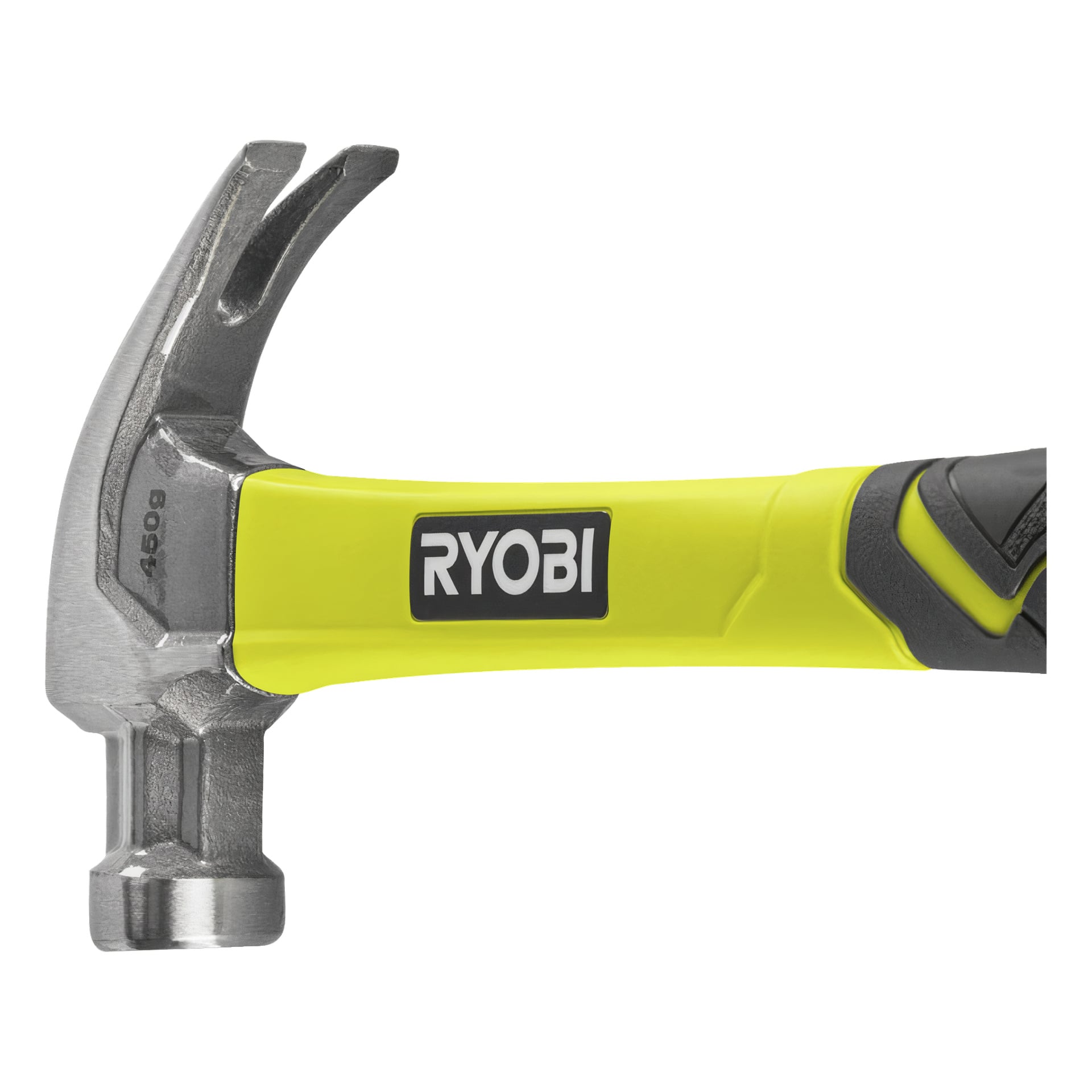 En Ryobi-snickarhammare RHHCC450 med ett silverfärgat metallhuvud och ett gult och svart handtag.
