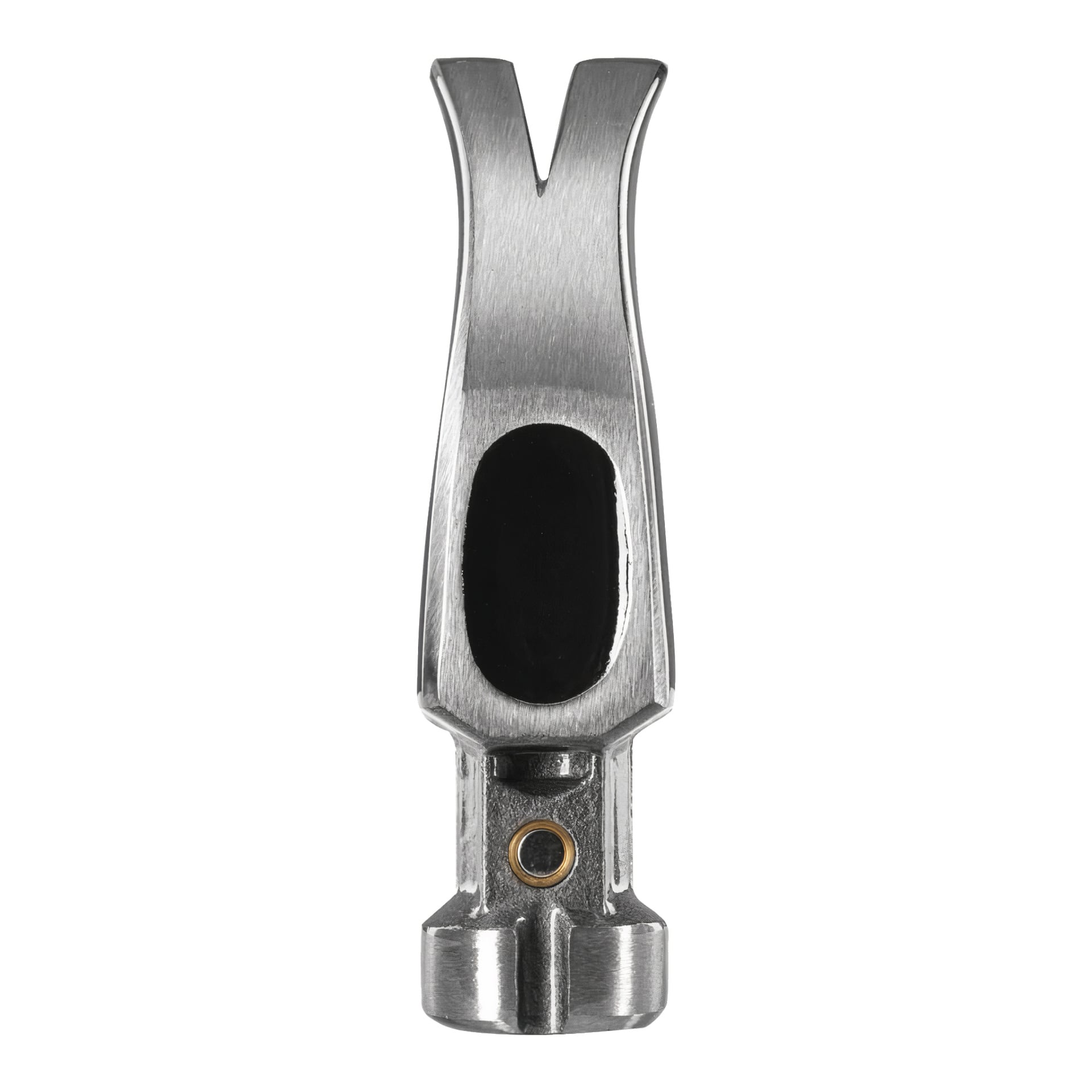 Närbild av Ryobi Carpenter Hammer RHHCC450, som visar dess metalliska V-formade huvud med en svart oval slagyta och en cirkulär mässingsinsats nära basen. Hammaren visas framifrån.