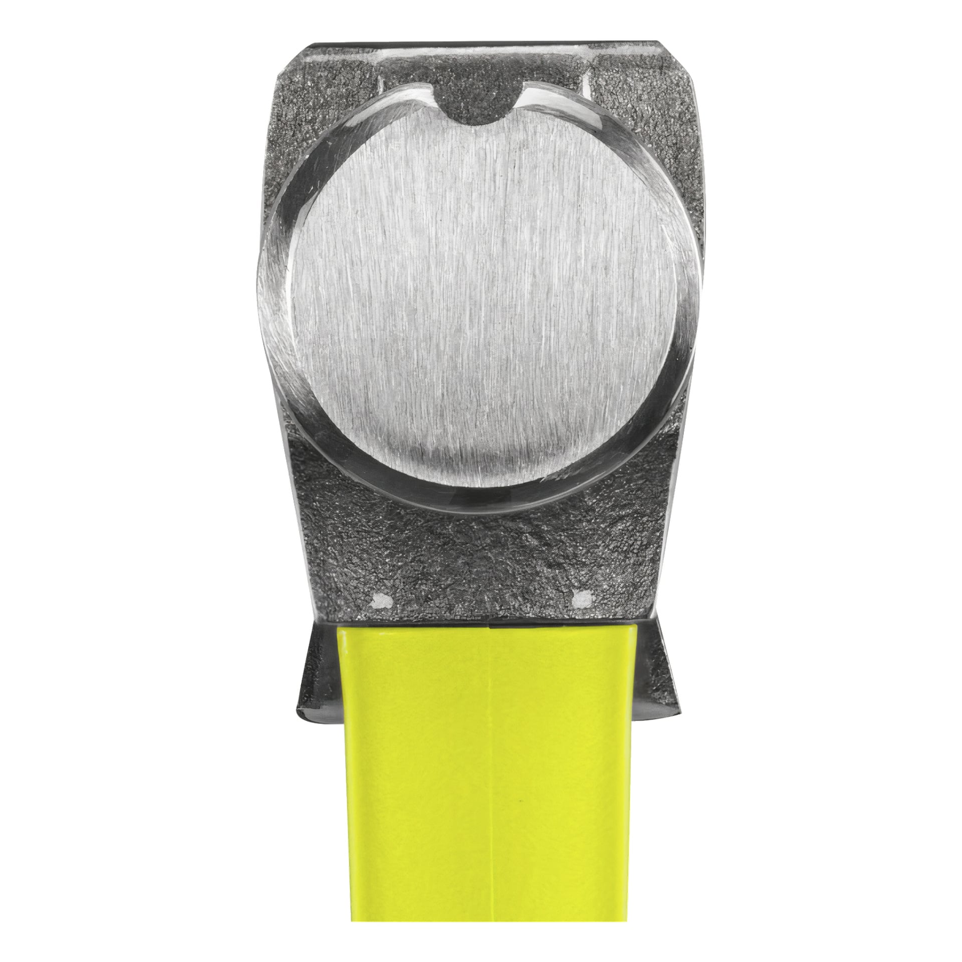 Närbild på Ryobi Carpenter Hammer RHHCC450 metallhuvud, som har ett platt cirkulärt slagansikte och är kopplat till ett klargult handtag.