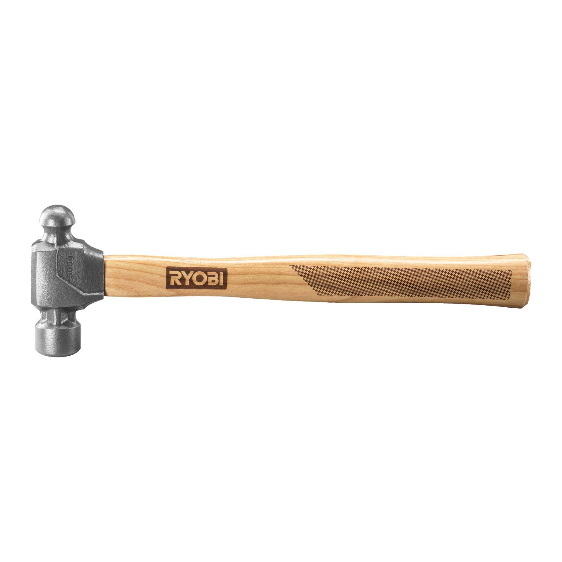 En Ryobi Ball-hammare RHHWBP500 med ett trähandtag och ett metallhuvud, som har en platt sida för slag och en rundad pinne på den andra.