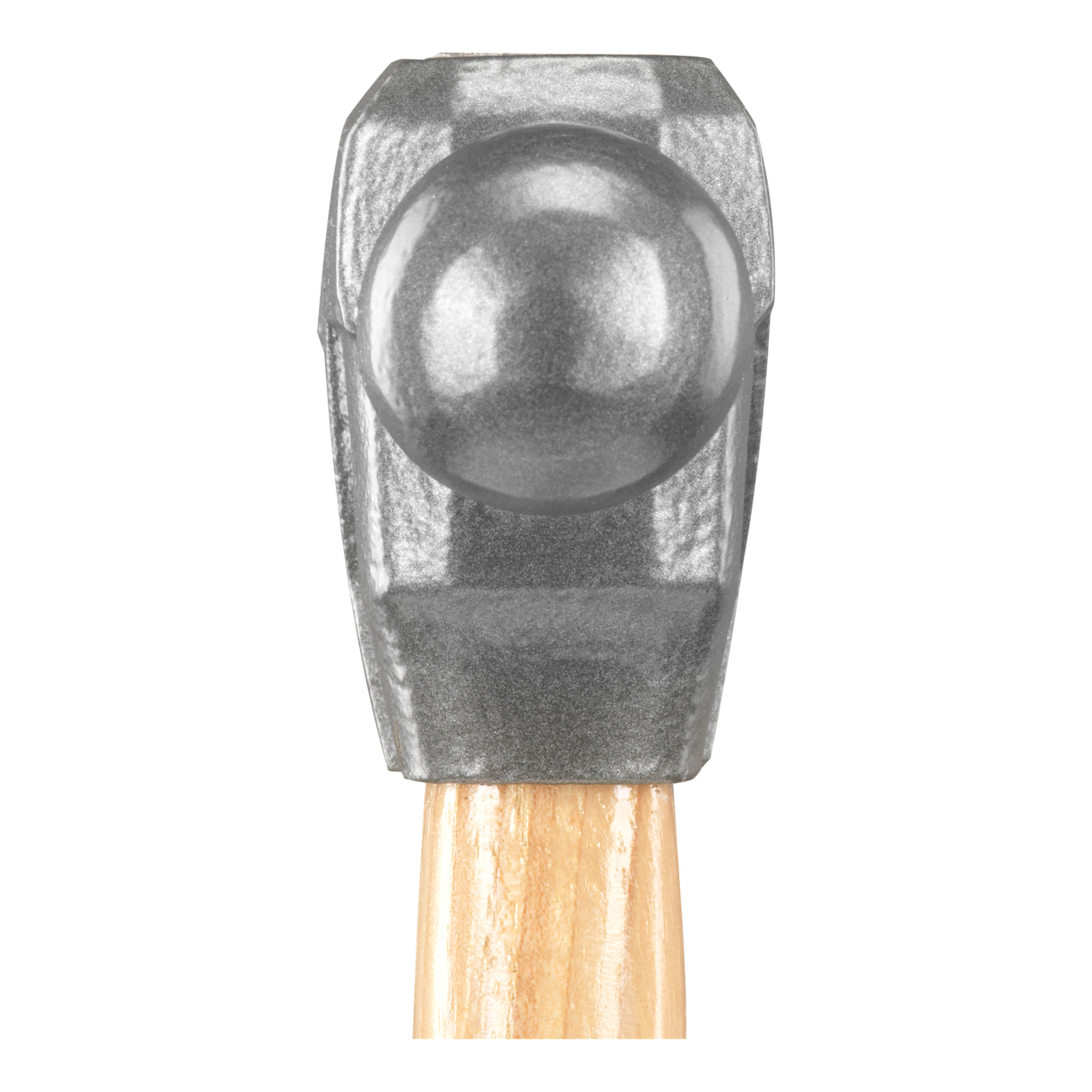 Detaljerad närbild av Ryobi Ball-hammaren RHHWBP500, som visar dess blanka metallhuvud med en slät, rundad ände. Bilden inkluderar den övre delen av dess trähandtag längst ner.