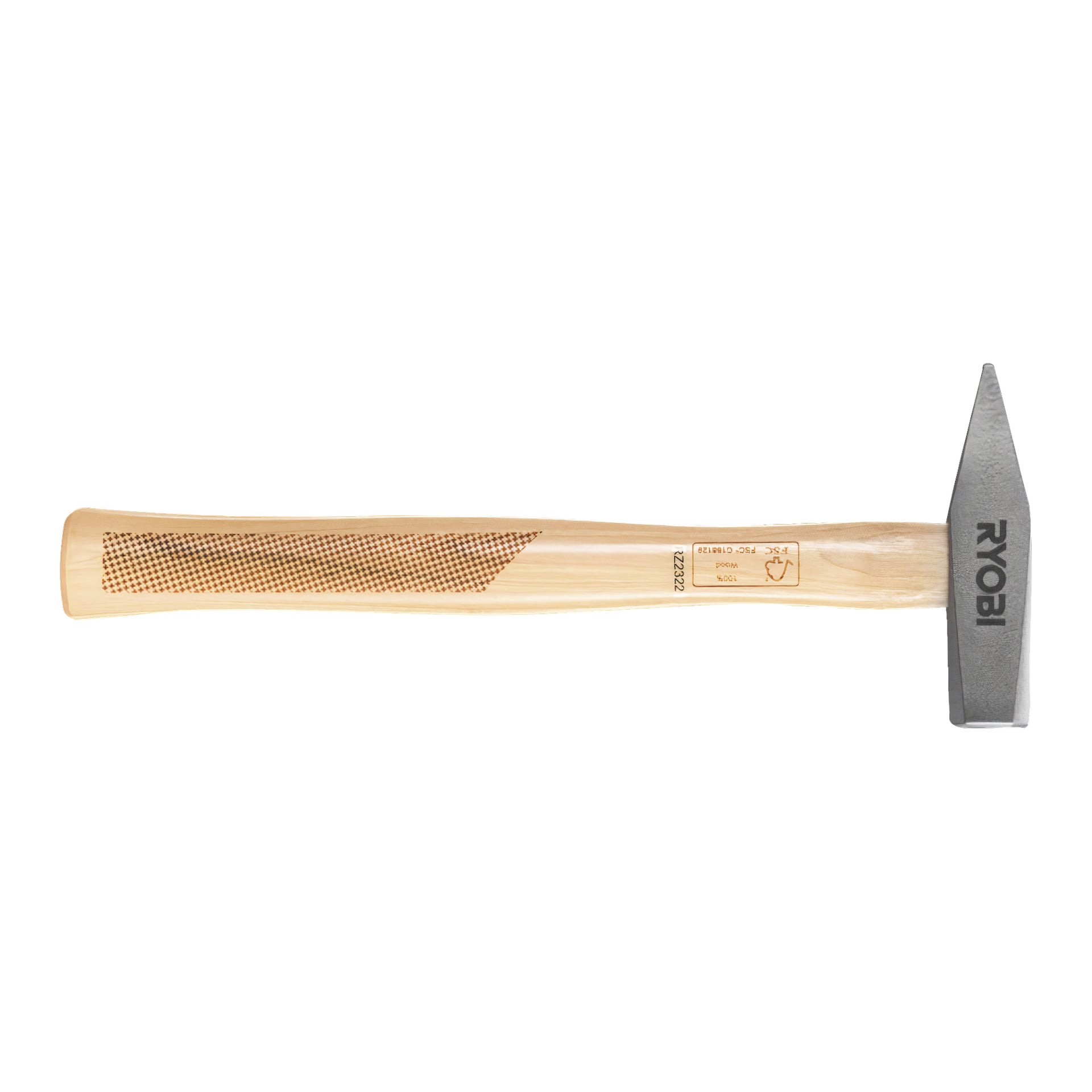 En Ryobi Bench hammar RHHWE500 visas med ett trähandtag, svart Ryobi-märke och ett metallhuvud med både platt yta och spetsig ände.