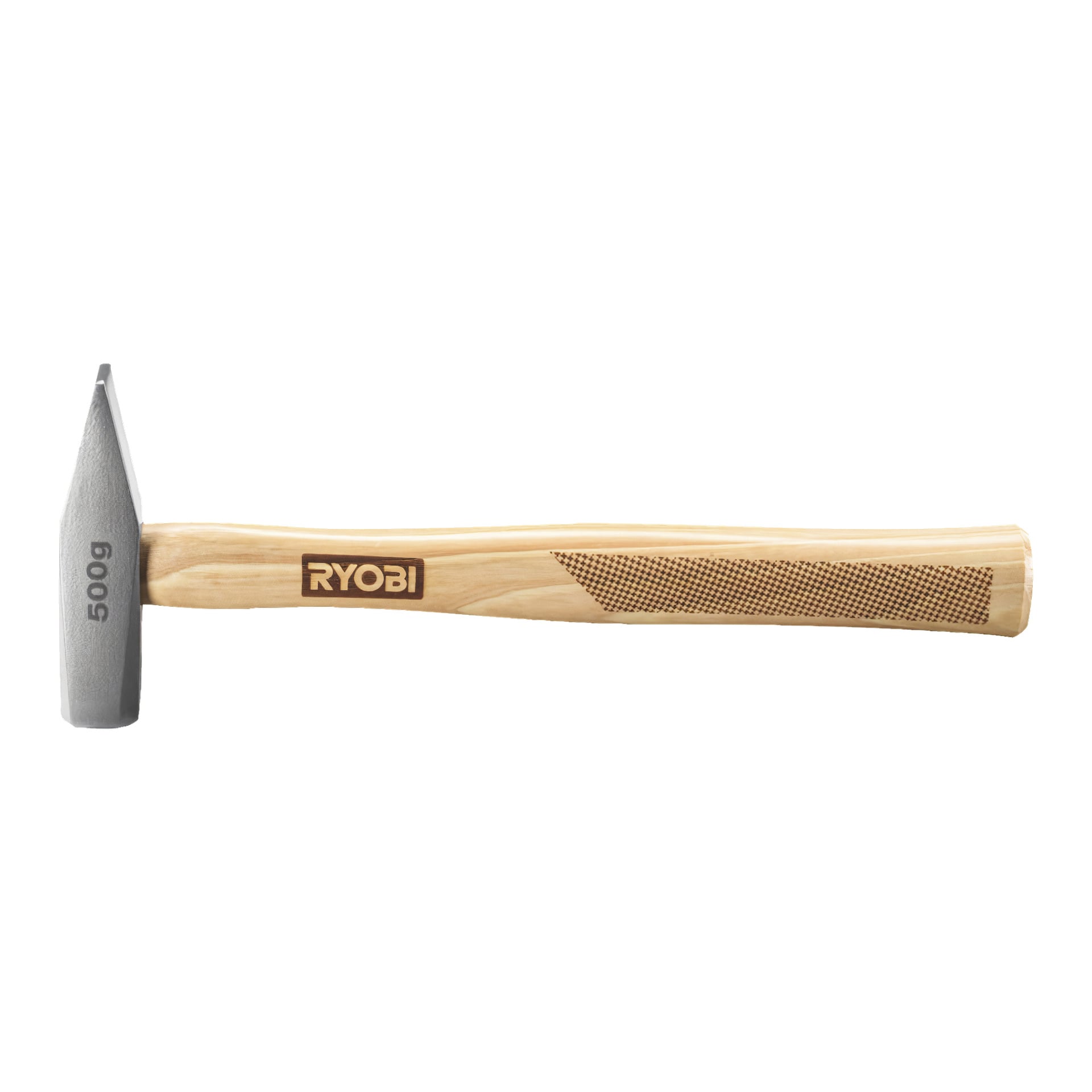 En Ryobi RHHWE500 bänkhammare med ett trähandtag, ett 500g metallhuvud och ett texturerat greppområde på handtagets högra sida.