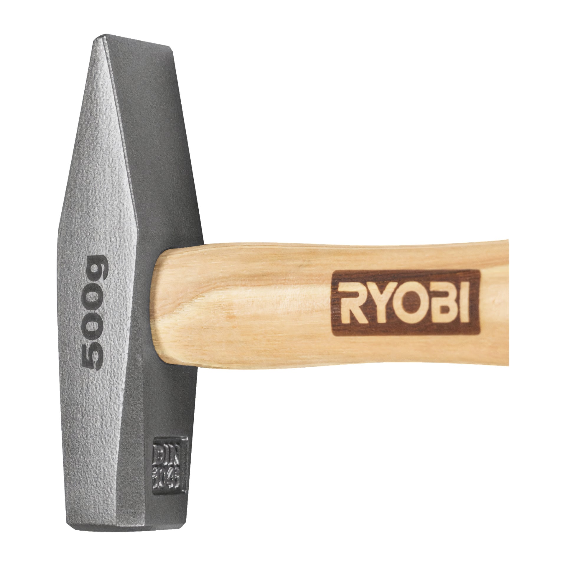 En Ryobi-bänkhammare, modell RHHWE500, med ett trähandtag och ett grått metallhuvud med märkningarna 600g och DIN 1041. Ryobi-märkningen syns på handtaget.