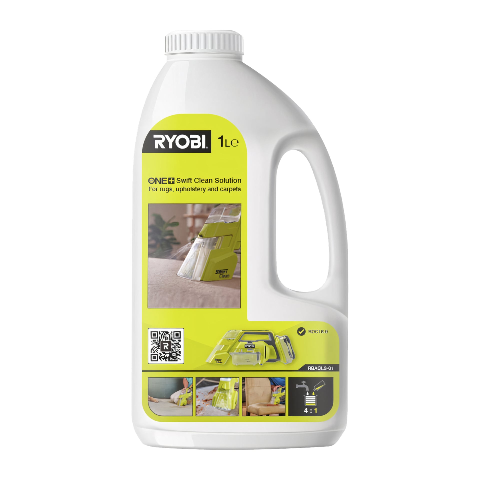 1 litran Ryobi One+ -puhdistusainepullo, tarkoitettu käytettäväksi Swift Clean RBCLS-01 johdottoman tahranpoistoaineen kanssa, sopiva matoille, matoille ja verhoiluun. Etiketti näyttää kuvia käytetystä puhdistusaineesta ja korostaa, minkä tuotteiden kanssa se on yhteensopiva sekä sen tärkeimmät hyödyt.