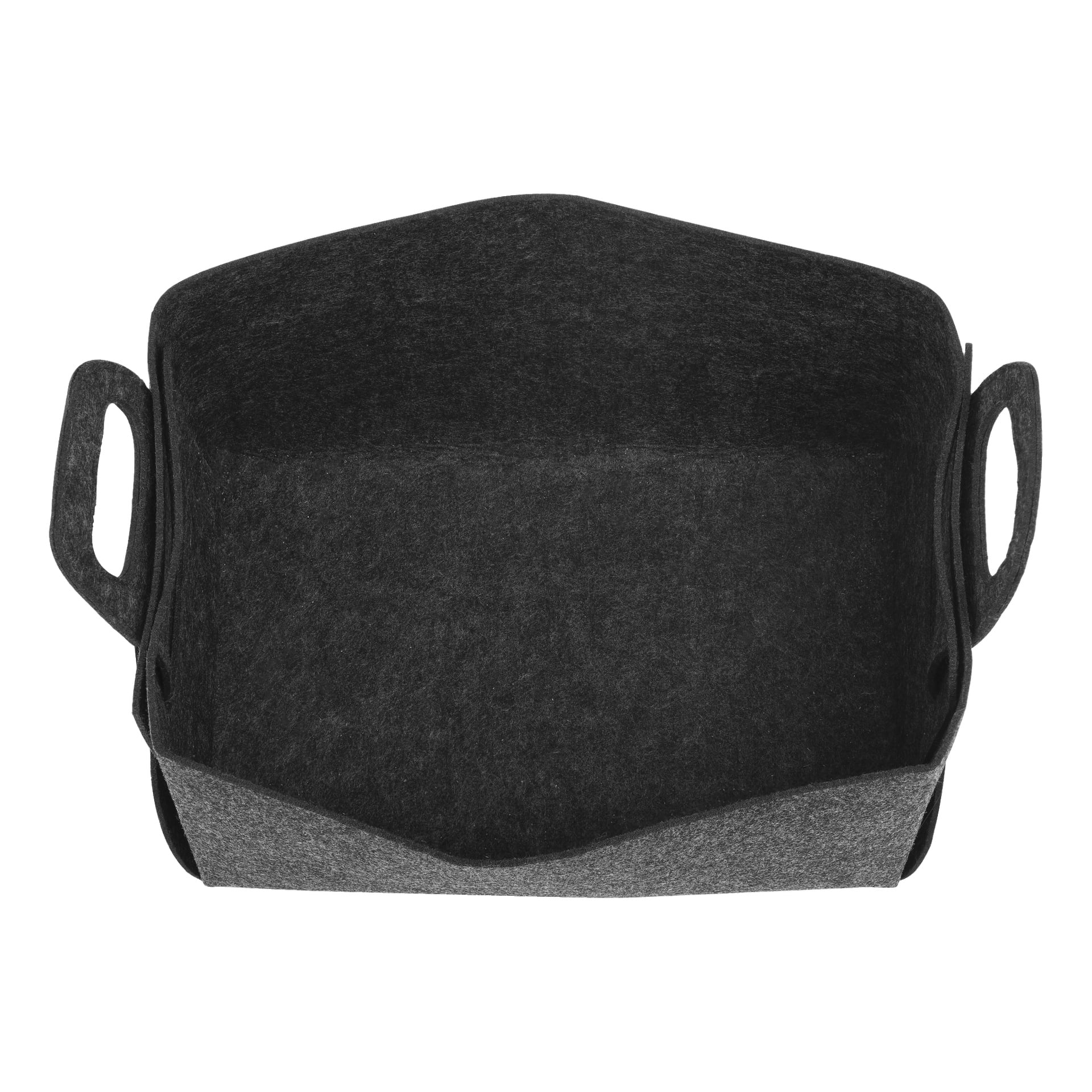 Ein dunkelgrauer Filz-Ladenkorb aus Hard Head Storage, rechteckig geformt mit zwei Henkeln, aus einer Vogelperspektive dargestellt. Der Korb ist leer und zeigt ein elegantes, modernes Design.