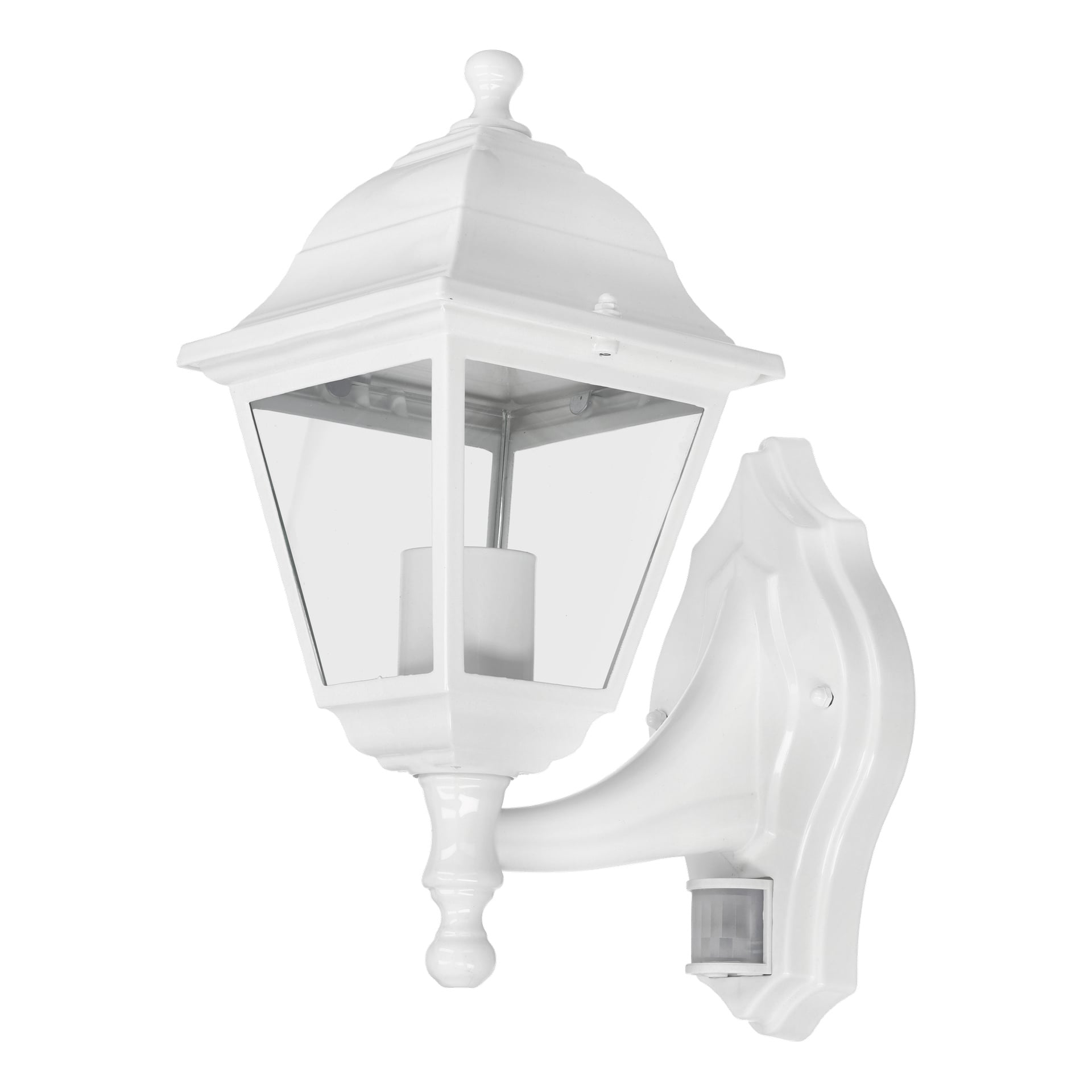 En vit EKVIP utomhuslykta med rörelsedetektor, som visar en traditionell stil. Den har ett klart glashölje runt en lampsockel och fästs på väggen med en böjd platta.