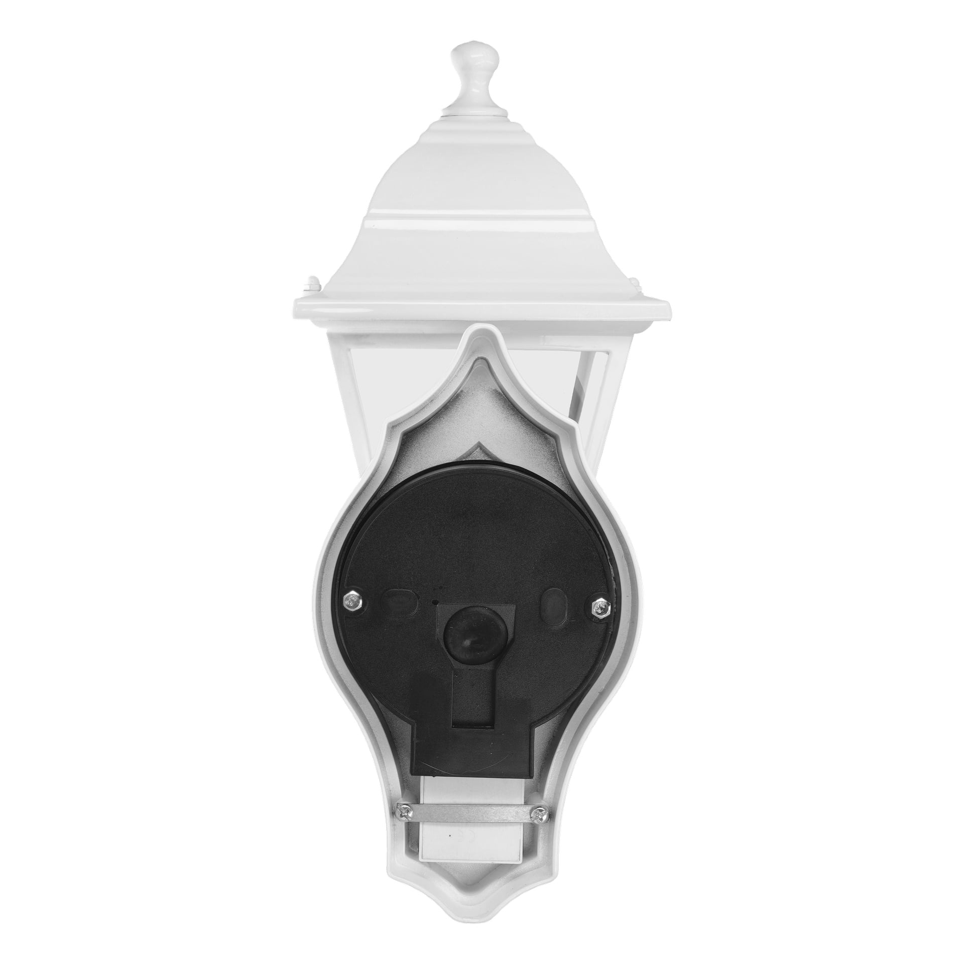 En EKVIP vägglampa med rörelsesensor visas med frontlocket av, vilket exponerar den svarta cirkulära monteringsplattan och det interna ledningsfacket. Den vita armaturen har ett traditionellt dekorativt utseende med synliga skruvar.