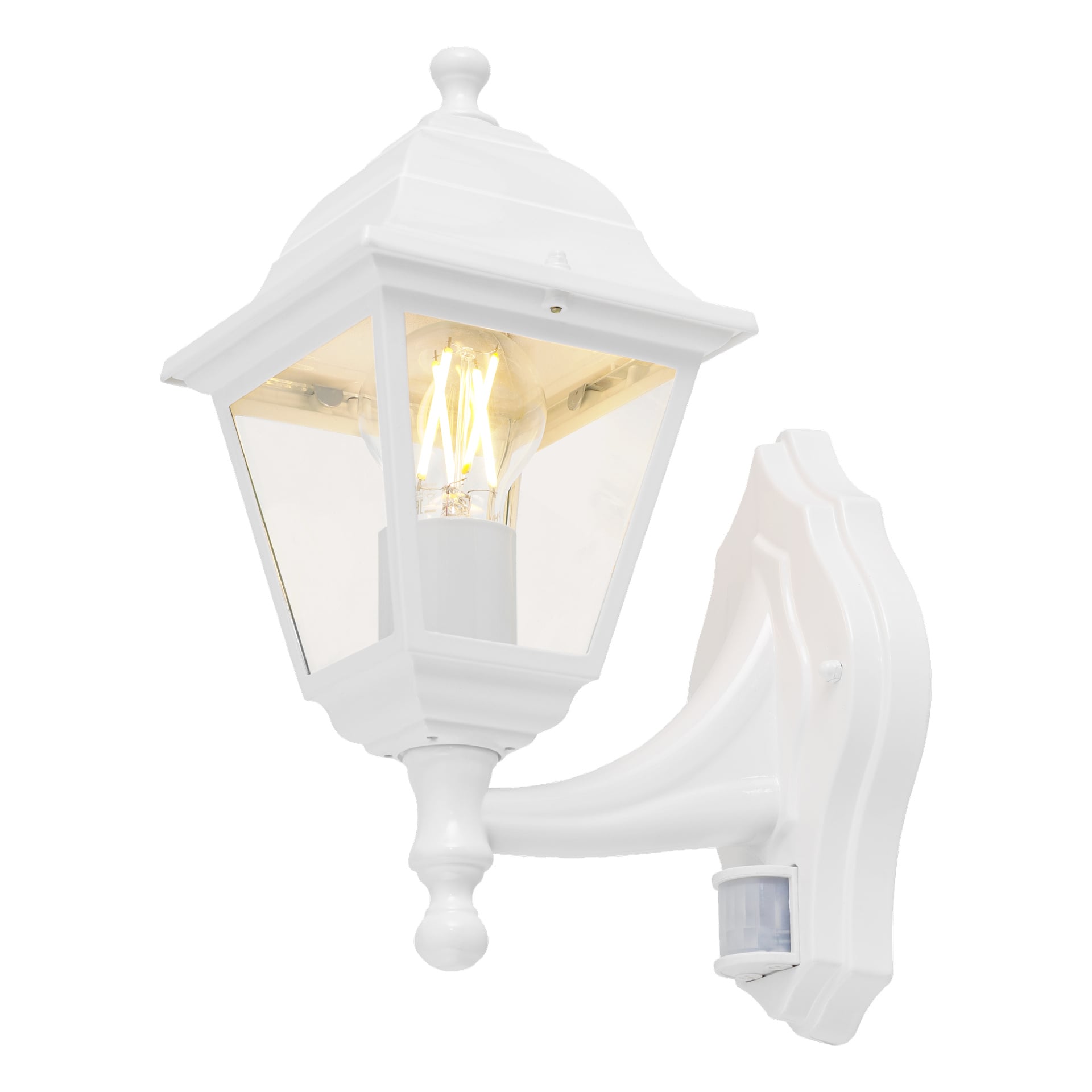 En vit EKVAP-vägglampa med rörelsesensor, ett klart glashölje som avslöjar en LED-lampa och ett utsmyckat väggfäste.