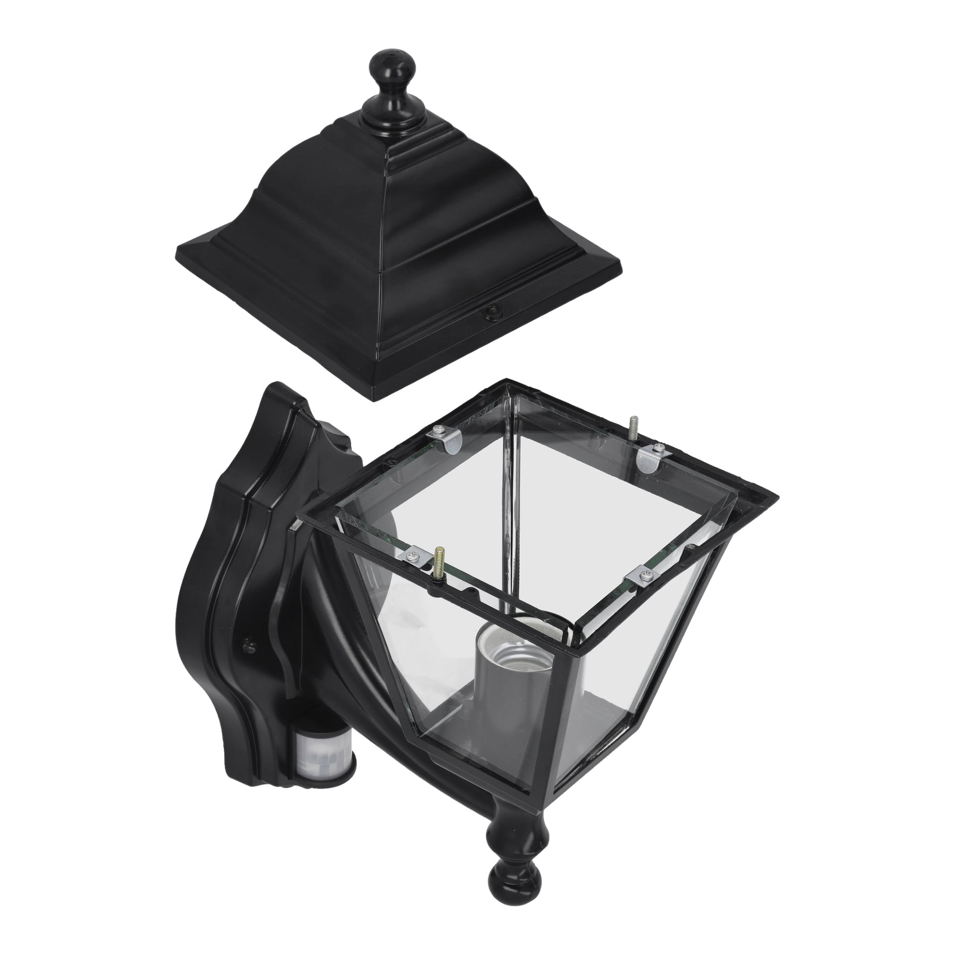 Schwarze EKVIP-Wandlampe mit Bewegungsmelder, quadratischer Glasabdeckung und abnehmbarer Decke, die in zwei separaten zerlegten Teilen angezeigt wird.