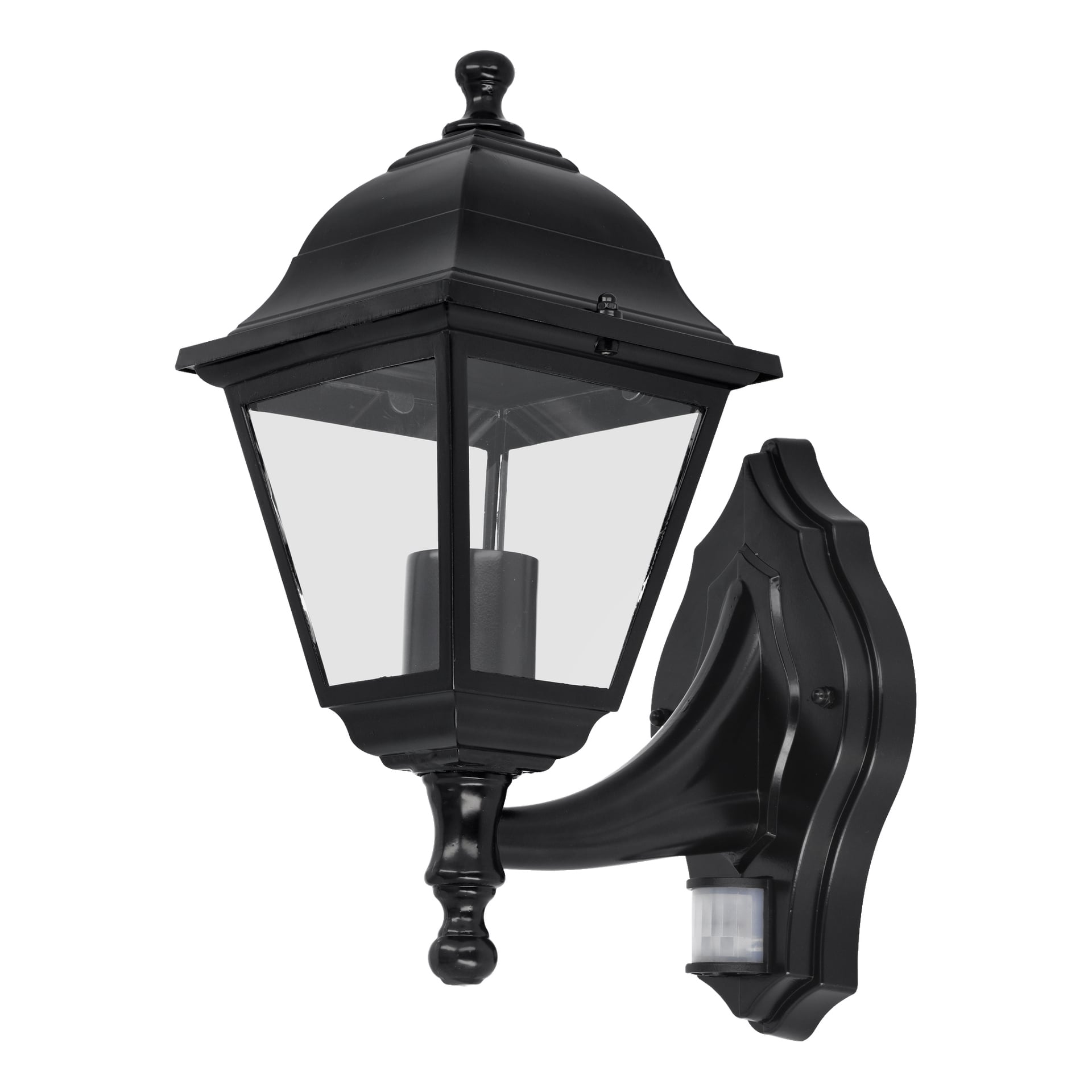 Die EKVIP Wandlampe hat eine klassische schwarze Oberfläche, klare Glasplatten und ist an einer kunstvollen Rückplatte befestigt. Ein Bewegungsmelder ist unten integriert, um draußen für erhöhte Sicherheit zu sorgen.