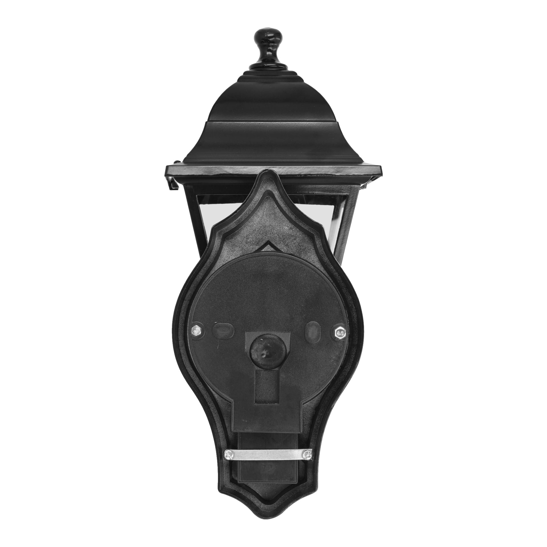 Die EKVIP-Wandlampe mit Bewegungsmelder ist von hinten zu sehen und zeigt ihre Montageplatte und sichtbaren Befestigungsschrauben. Die Lampe verfügt über ein dekoratives Fäulnis oben und hat einen klassischen, traditionellen Stil.