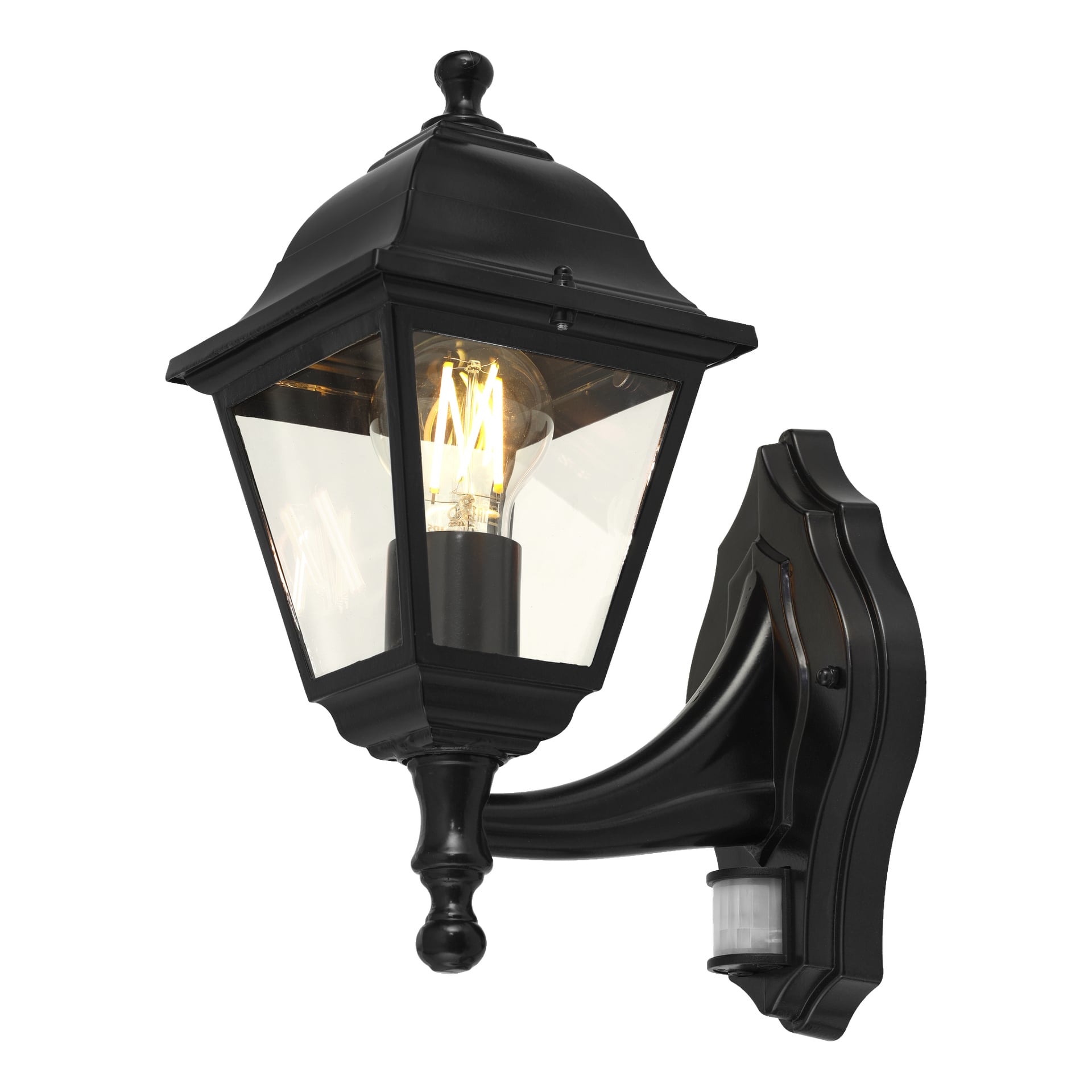 Die EKVIP-Wandlampe hat eine schlanke schwarze Oberfläche mit klaren Glasseiten, die eine freiliegende LED-Glühbirne zeigt. Sie ist auf einer kunstvollen Rückplatte angebracht, und ein dezenter Bewegungssensor ist an der Basis der Leuchte angebracht.