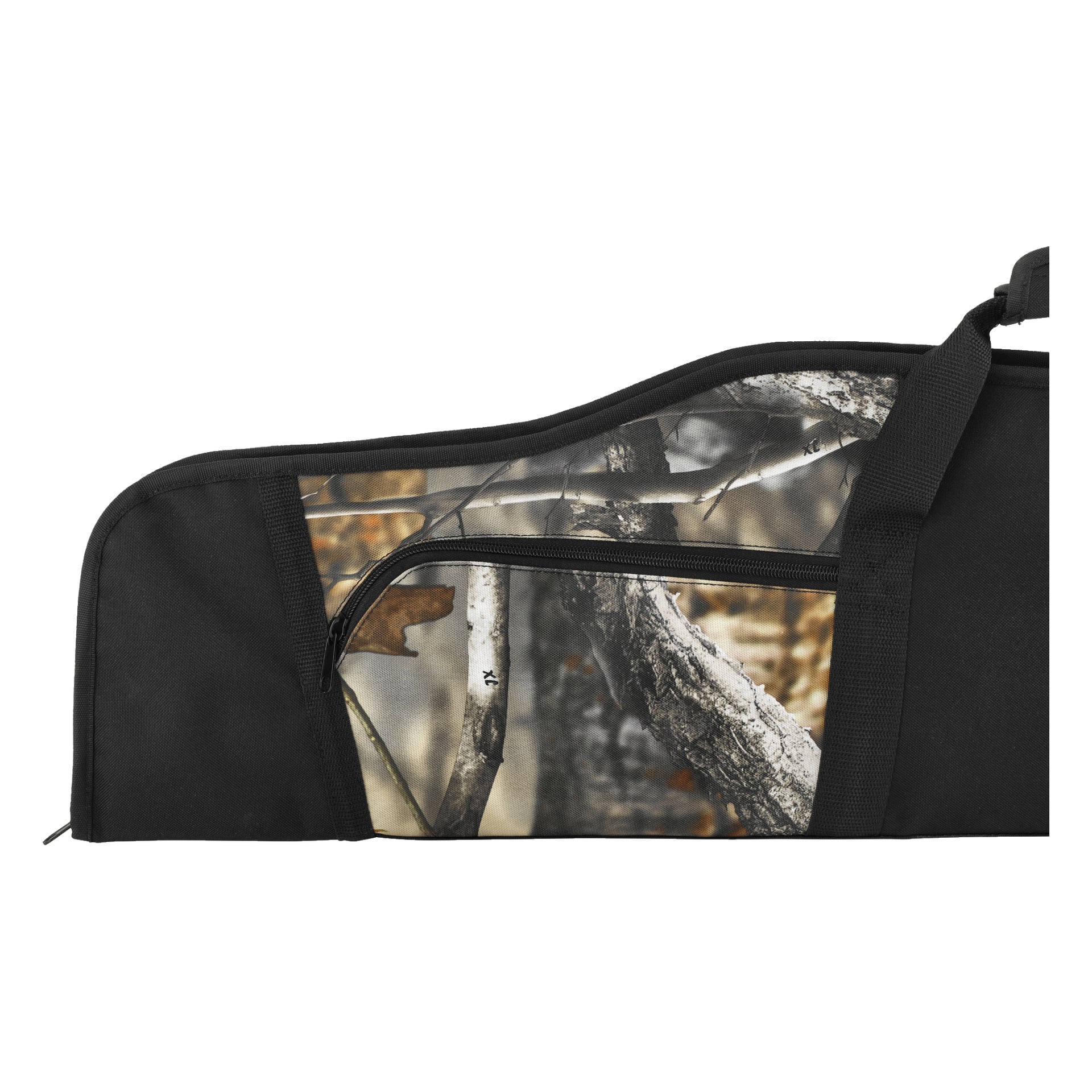 Kayoba Gun Case är en mjuk, svart bärväska dekorerad med ett kamouflagemönster av grenar och blad. Den är utrustad med en sidoficka med dragkedja och ett stadigt handtag för enkel transport.