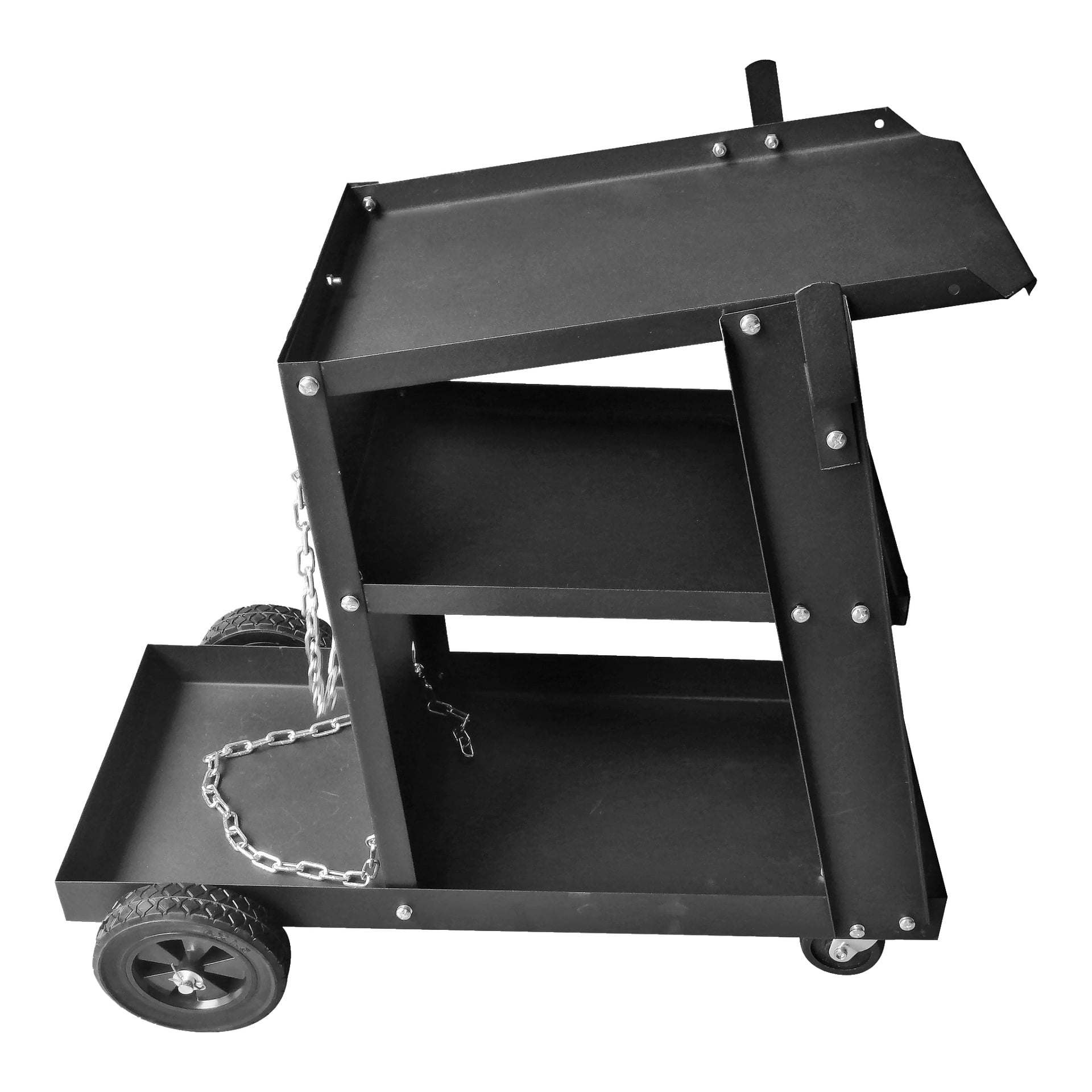 Meec Tools Welding Trolley är en svart metallvagn med två hyllor, en lutande toppbricka, stora hjul bak, mindre framben och en metallkedja fäst på ena sidan.