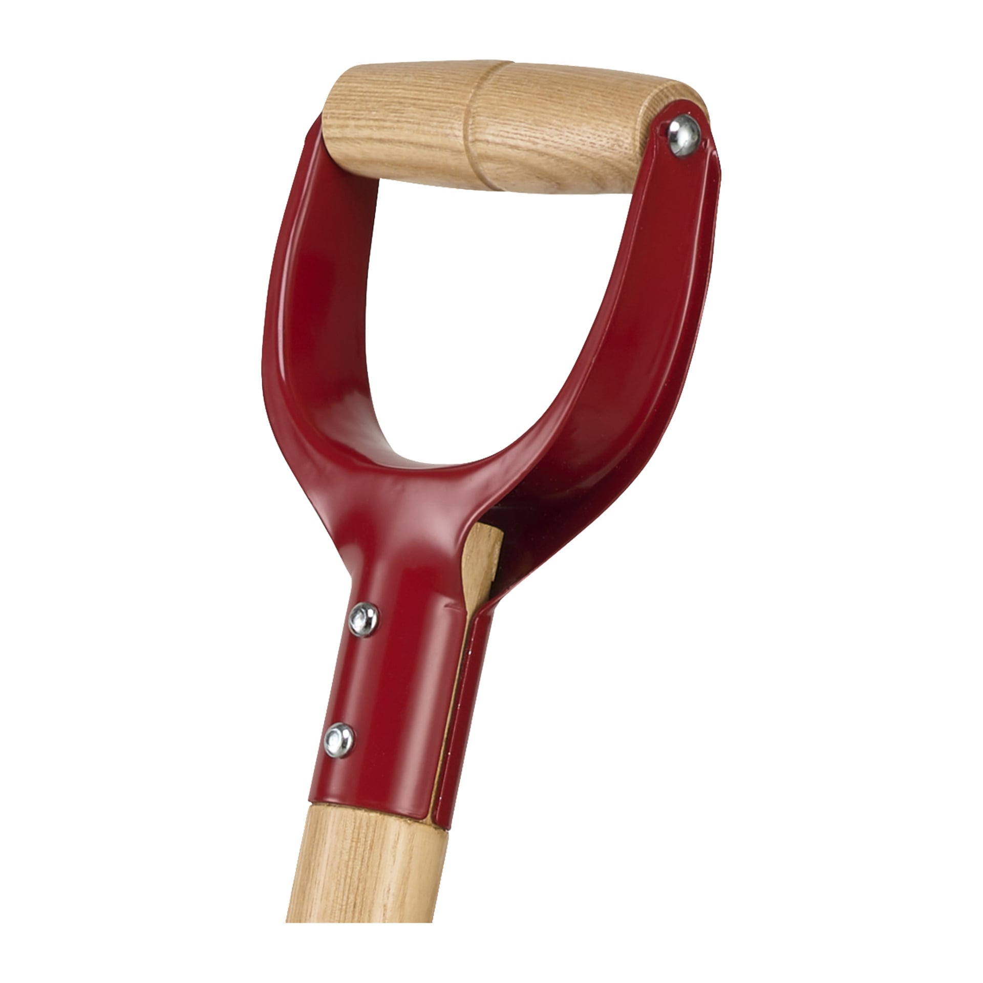 Detaljerad vy av Fiskars Pointed Spade Classic Pro, med ett trähandtag fäst vid ett rött D-format metallgrepp, fastsatt med metallbultar där de fästs.