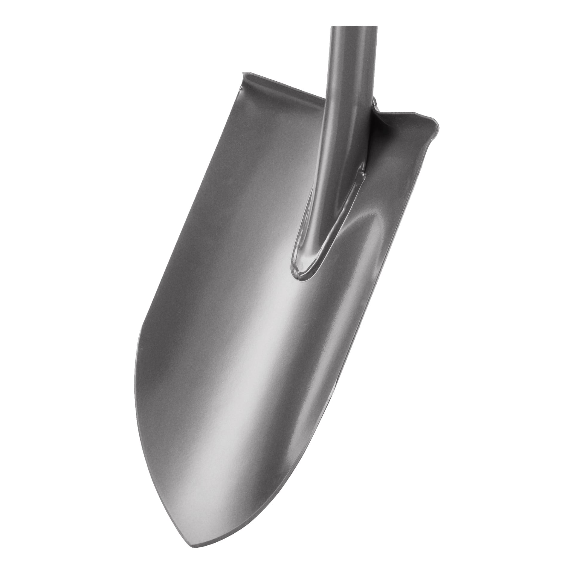 Närbild av Fiskars Pointed Spade Classic Pro, med dess spetsiga blad och böjda handtag.