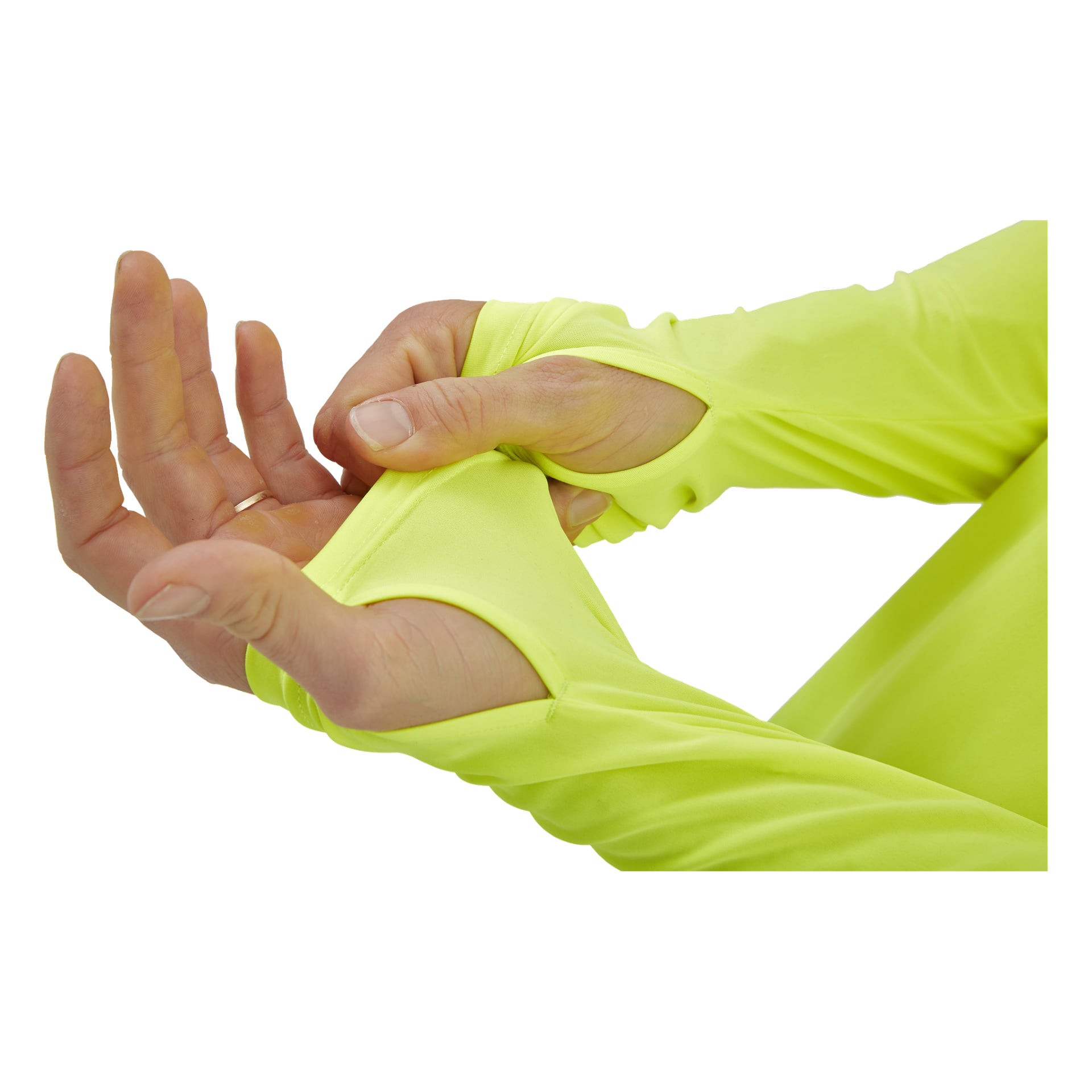 Man bär Kayoba Men's funktionella topp Atlanta i klargult, med långa ärmar och tumhål, och drar ärmen över vänster hand.