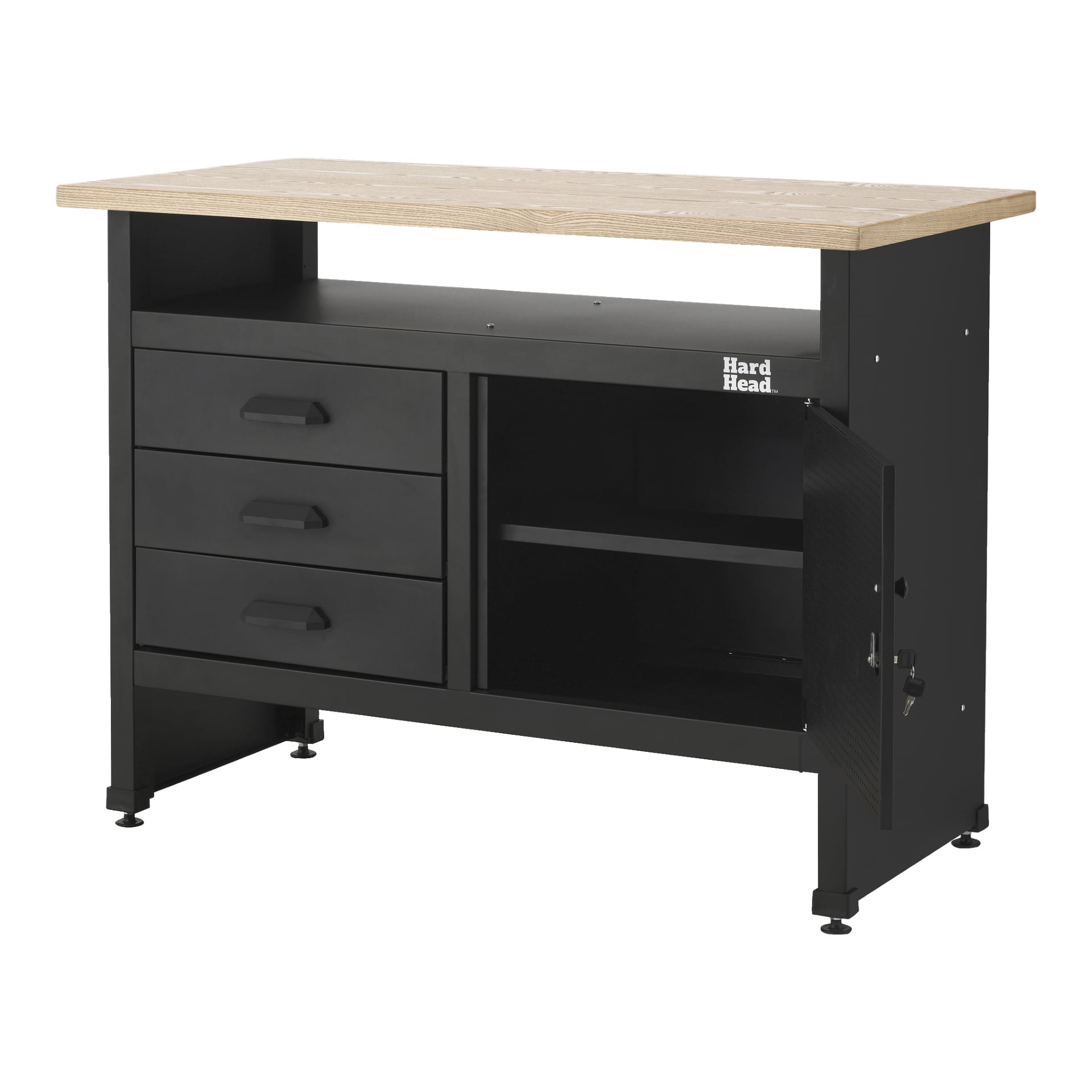 Hard Head Workbench har en ljus träarbetsyta, en robust svart metallram, tre lådor placerade på vänster sida och ett högerskåp med en perforerad låsbar dörr som avslöjar en intern hylla. Den står på justerbara fötter för stabilitet.