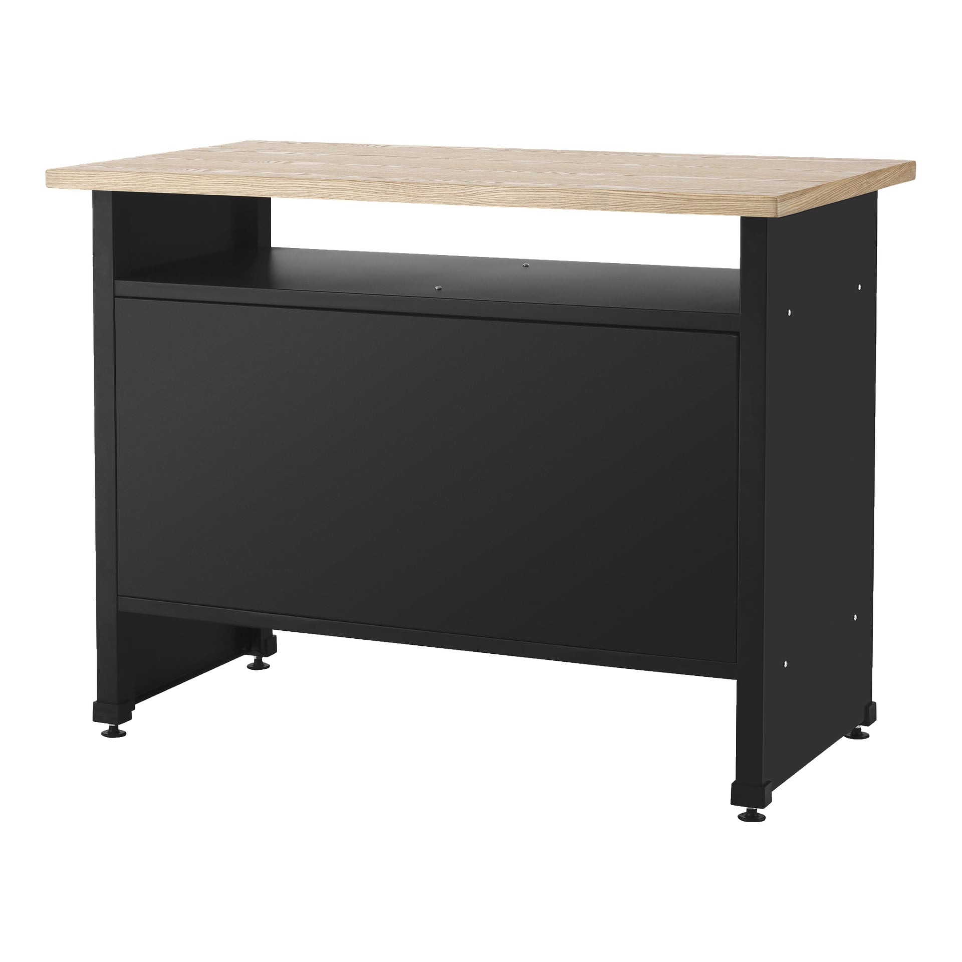 Hard Head Workbench med förvaring har en rektangulär ljus träyta, stödd av en svart ram med en modestypanel och en öppen hylla under. Den står på justerbara fötter och visar en ren, modern stil.