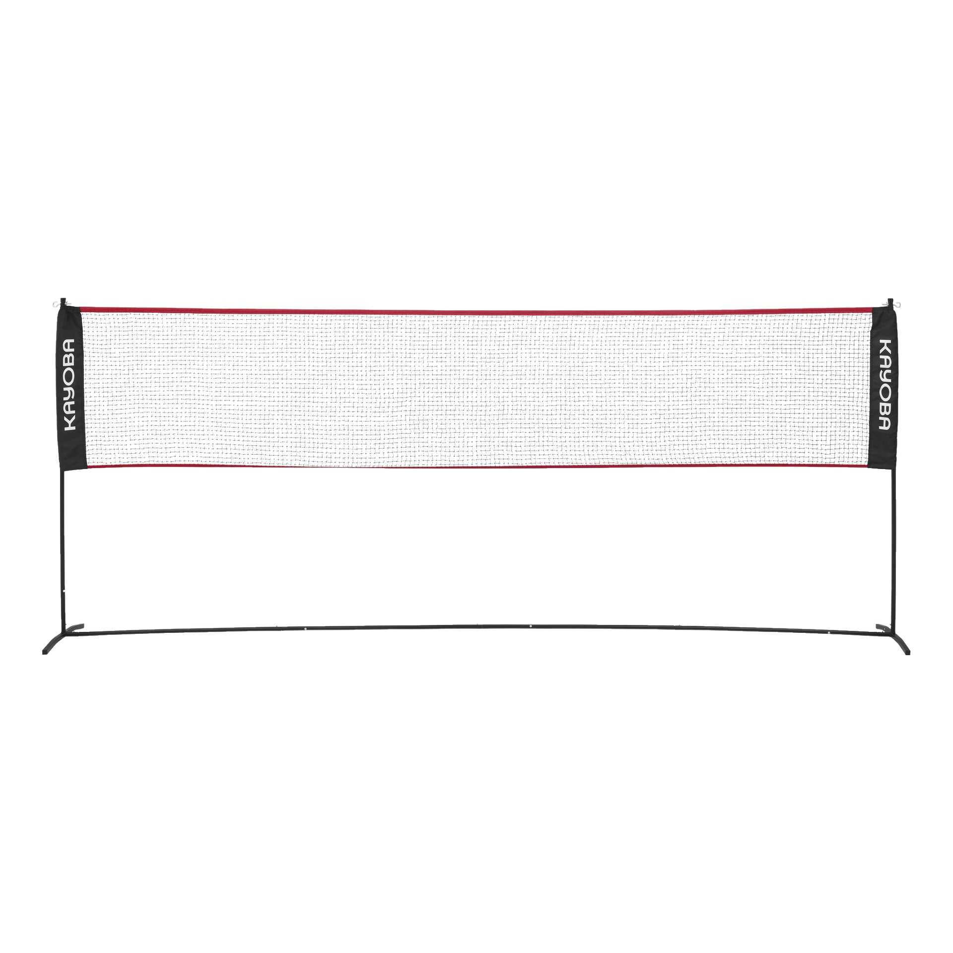 Ett justerbart sportnät från Kayoba med svarta sidostolpar som visar Kayoba-logotypen och ett rött band längs toppen.