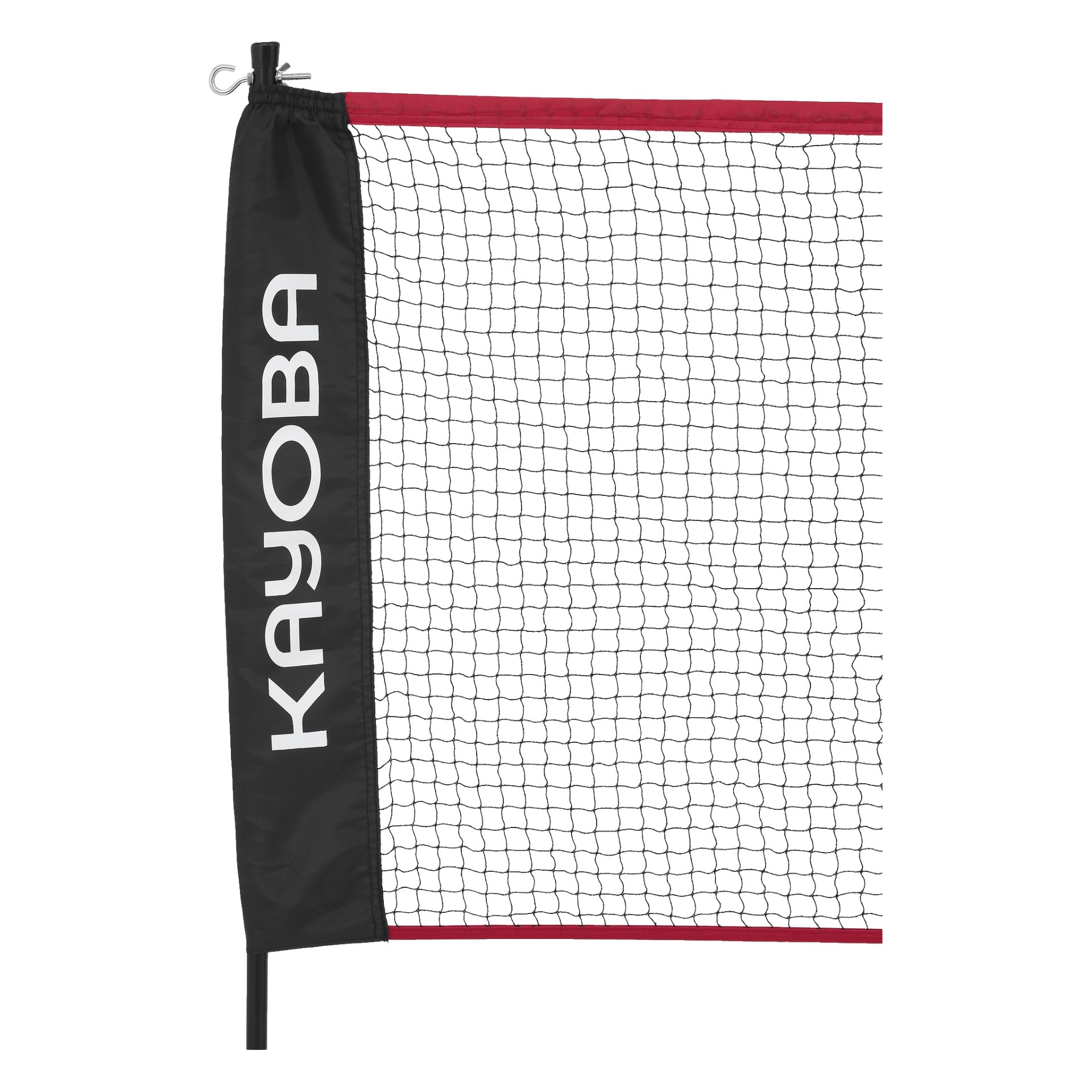 Närbild av Kayoba Adjustable sportnät i svart och rött, med varumärket "Kayoba" tryckt vertikalt på en svart sidopanel. Det rektangulära nätet hålls uppe av vertikala stödstänger.