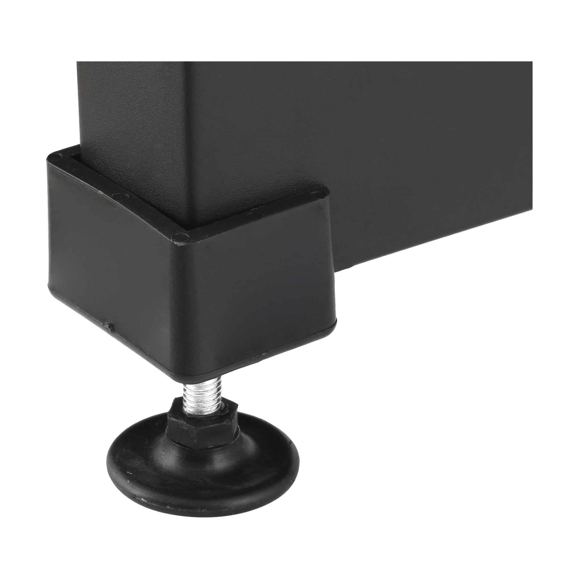 Detaljerad vy av ett svart metallben från Hard Head Workbench med förvaring, med en justerbar nivellerfot utrustad med en cirkulär gummibas och en synlig gängad stam.