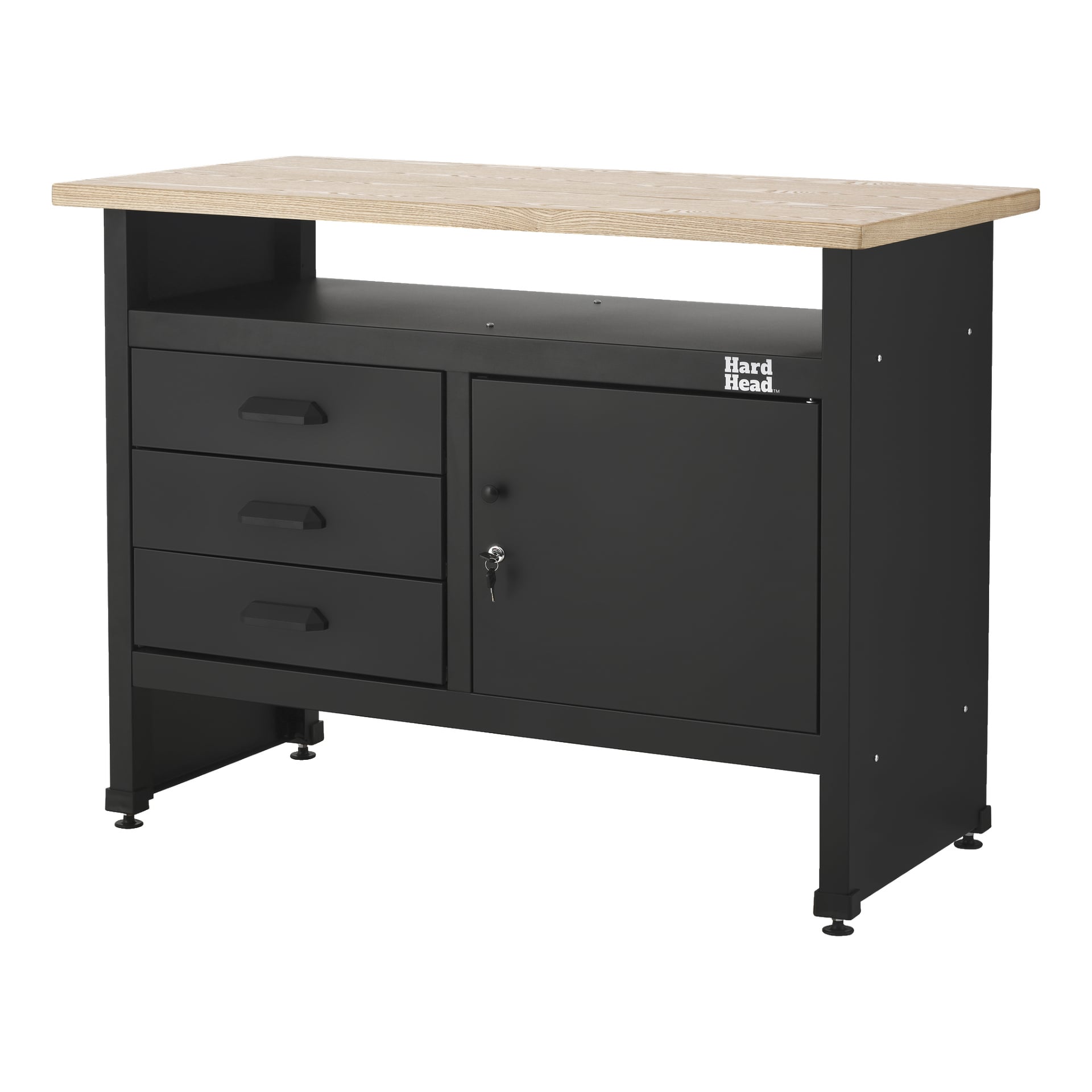 Hard Head Workbench har en svart och träfinish, med tre lådor till vänster, ett låsbart skåp till höger med Hard Head-loggan, en öppen hylla ovanför lådorna och justerbara fötter för stabilitet.