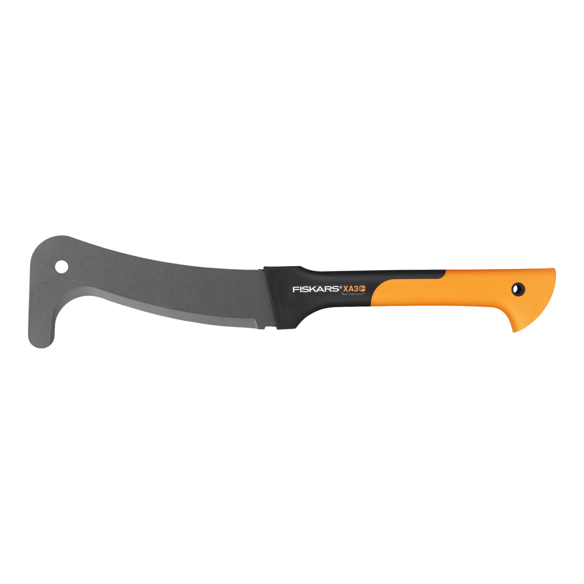 En Fiskars Clearing-kniv WoodXpert XA3 Medium med ett böjt, brett blad och ett orange och svart handtag, synligt med bladet riktat åt vänster.