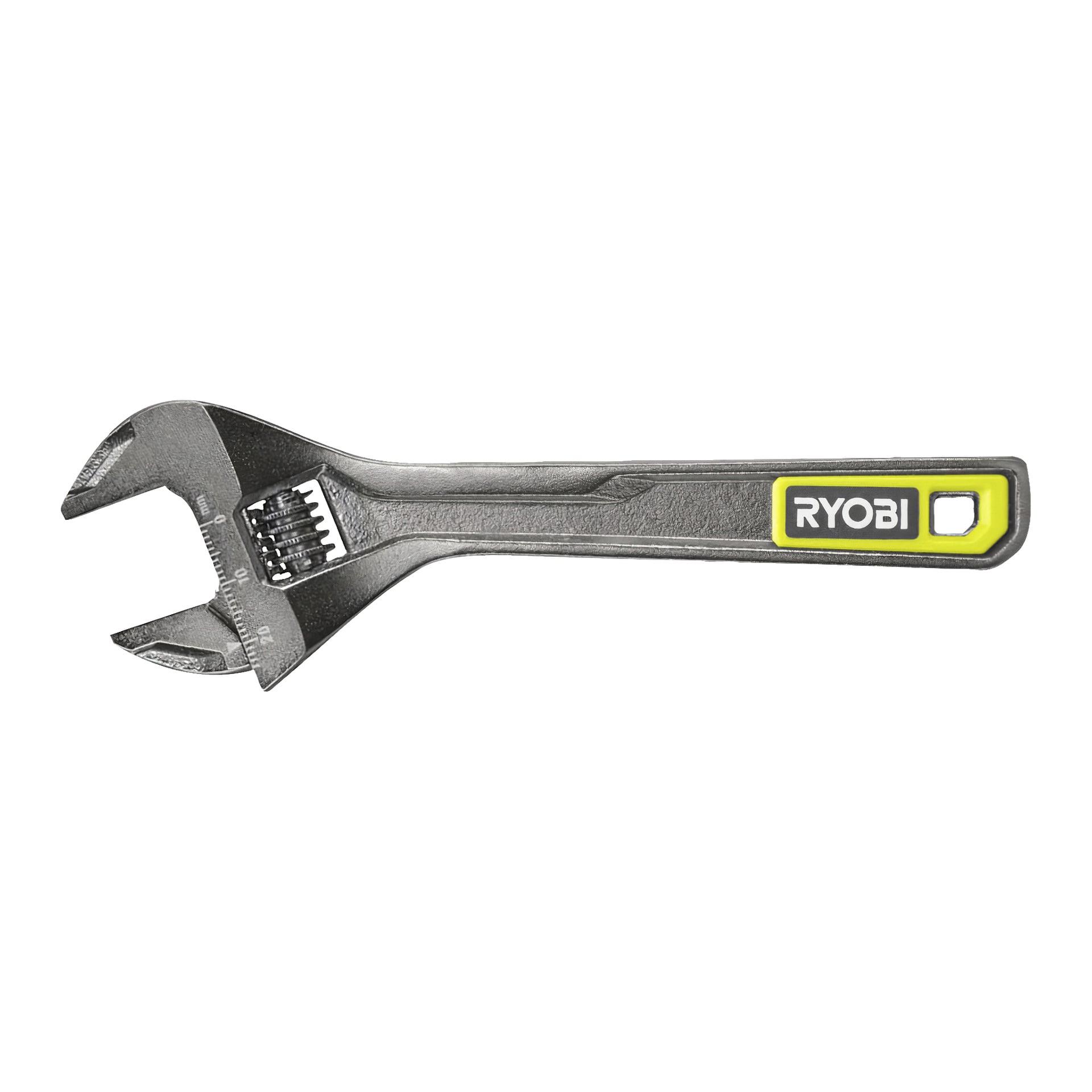 En justerbar Ryobi-skiftnyckel med gult och svart handtag, utrustad med en rörlig käke för att greppa bultar eller muttrar och en öppen springa vid handtagets bas.