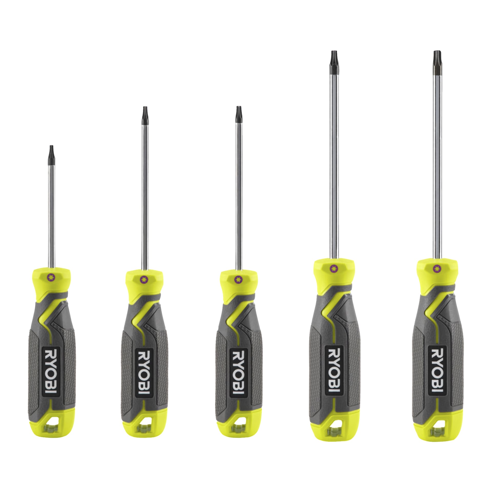 Pięć śrubokrętów Ryobi Torx z zestawu RHSDST5 5 części, każdy z szarą i żółtą rączką, jest ustawionych w rzędzie, ułożonych według rosnącego rozmiaru od lewej do prawej.