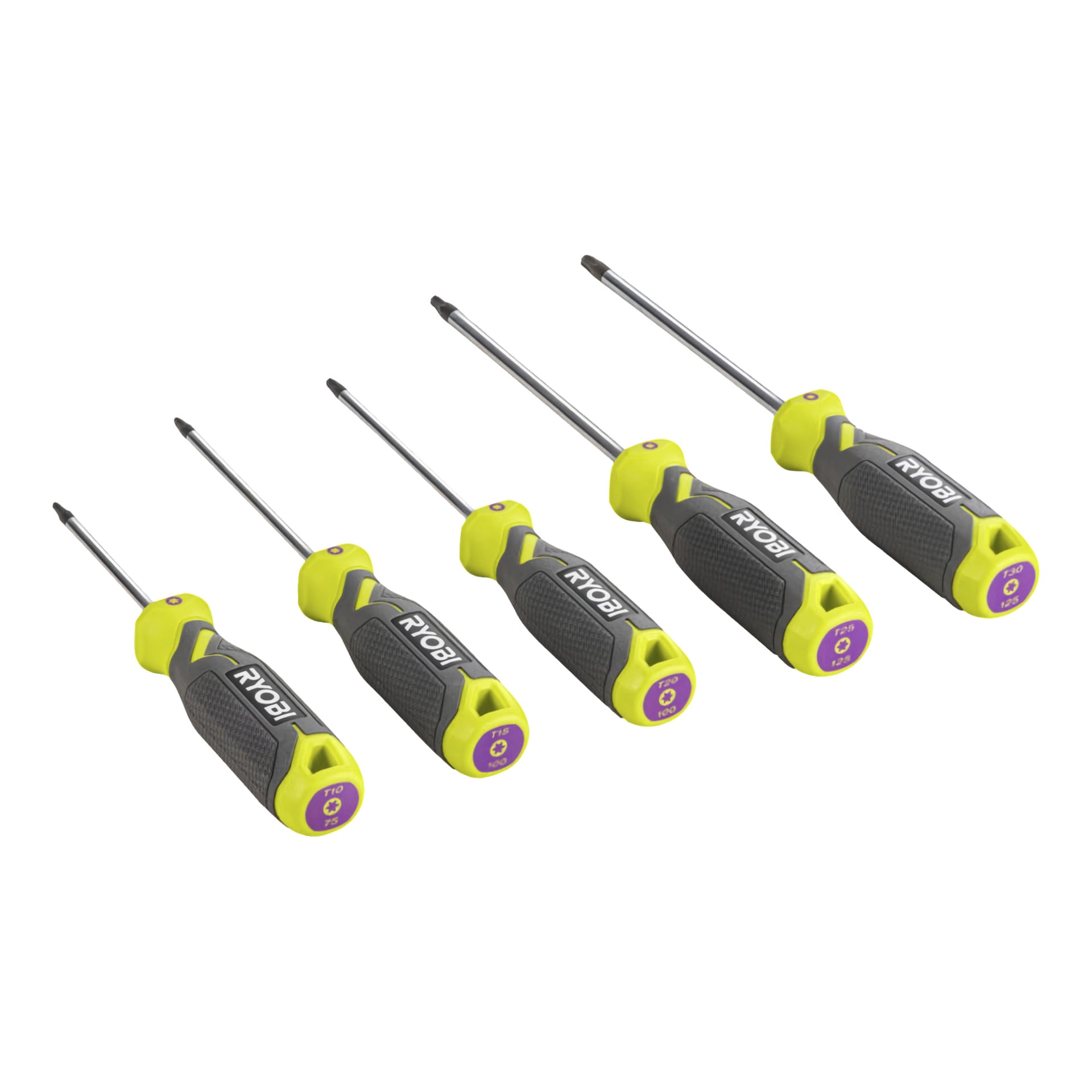 Pięć śrubokrętów Ryobi Torx z zestawu RHSDST5 jest ustawionych obok siebie. Każdy ma czarno-żółtą rączkę i występuje w różnych rozmiarach.