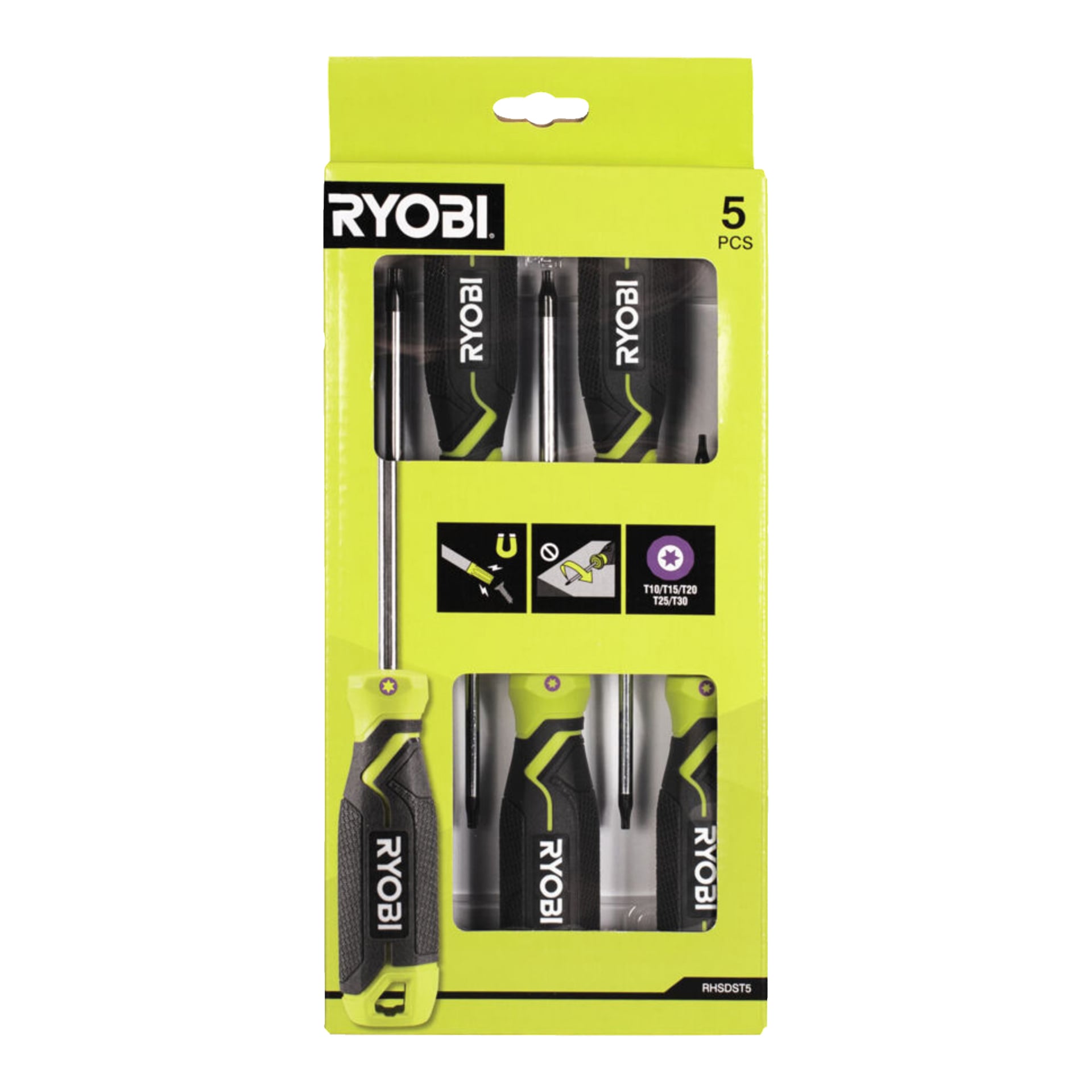 Pięć śrubokrętów Ryobi Torx (RHSDST5) z czarno-zielonymi uchwytami jest ułożonych pionowo wewnątrz zielonego pudełka. Opakowanie podkreśla typ końcówki każdego narzędzia i przedstawia ikony wskazujące magnetyczne końcówki oraz możliwości momentu obrotowego.