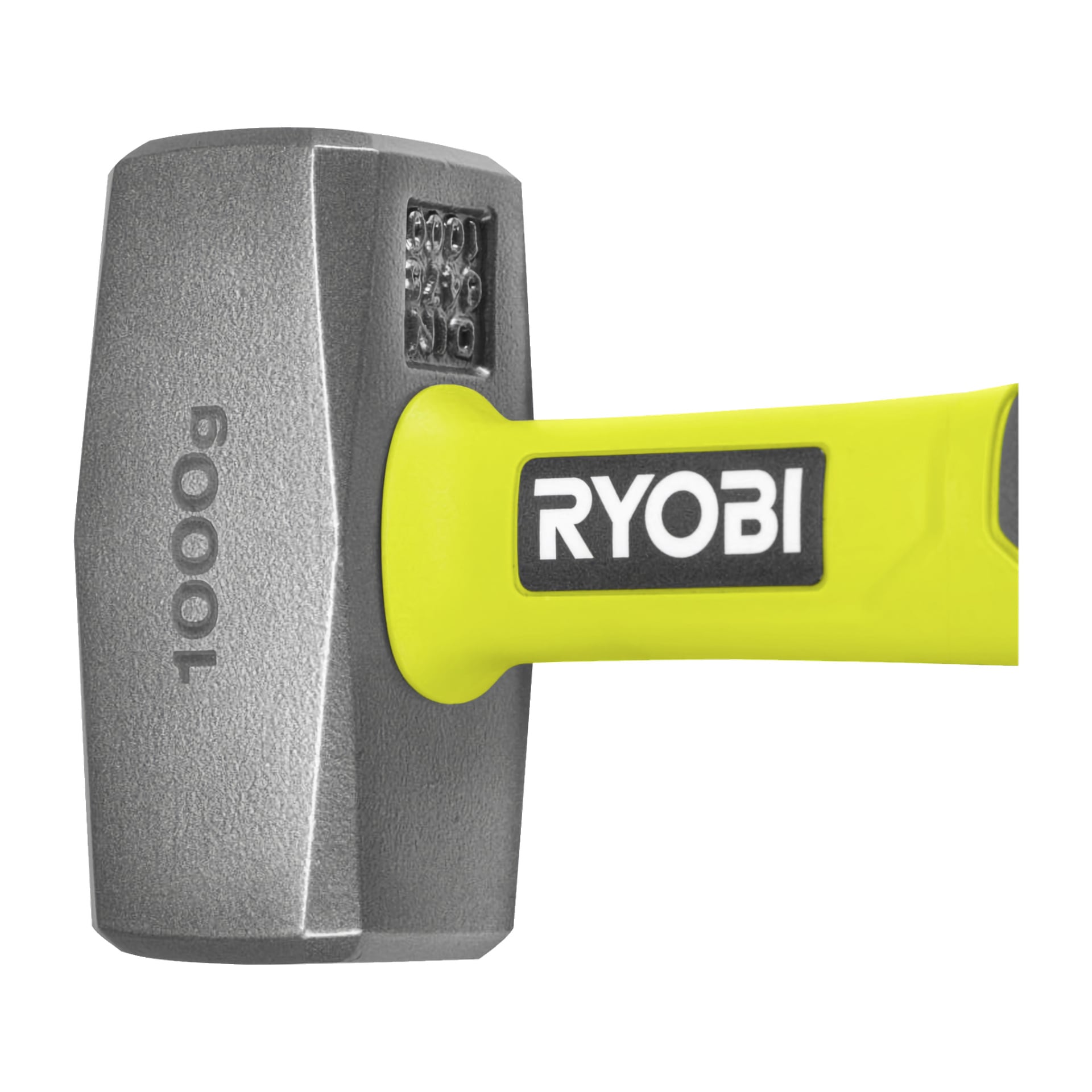 Nærbilde av et grått Ryobi Meisel-hammerhode merket 1000g, festet til et gult håndtak med Ryobi-logoen.