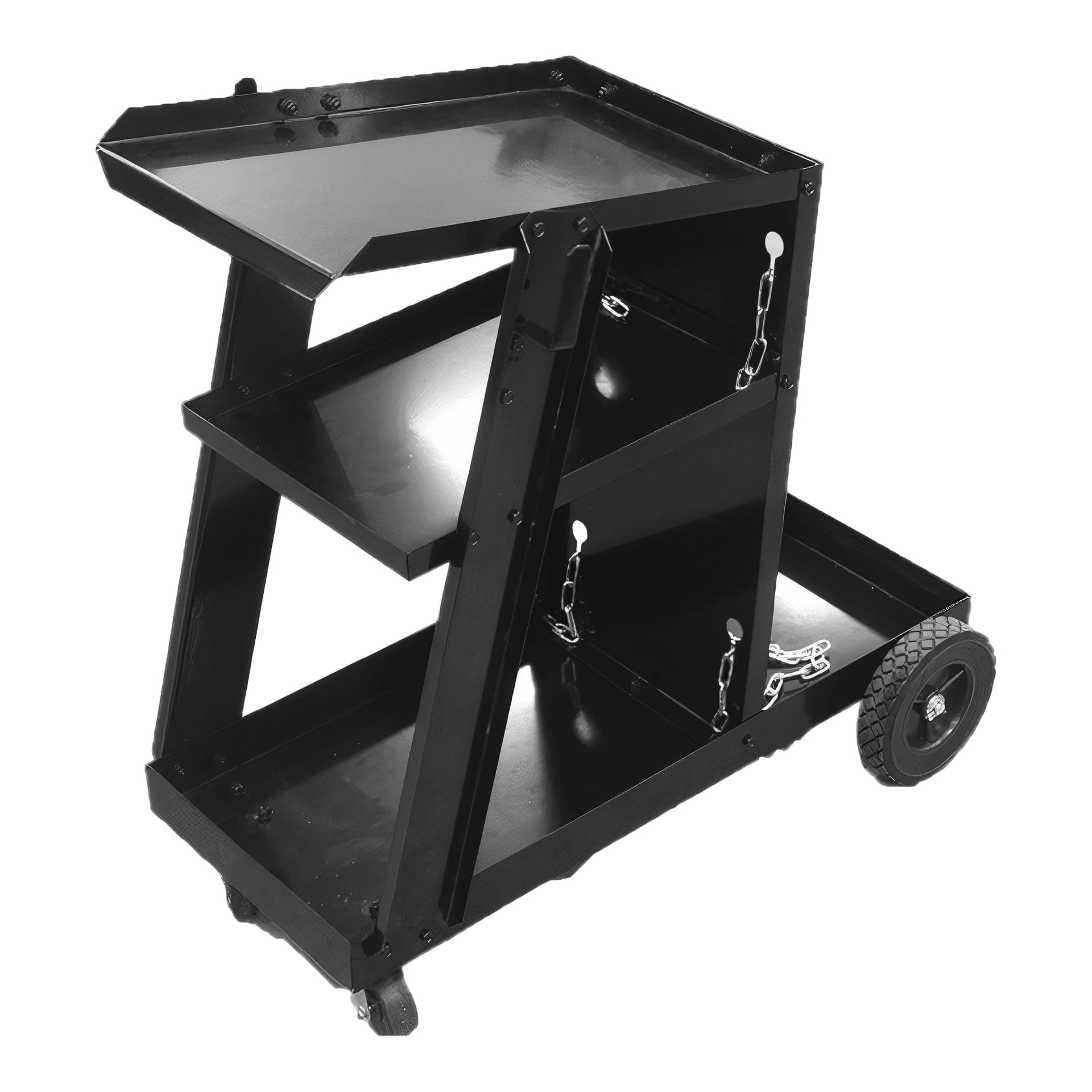 Meec Tools Welding Trolley har tre svarta metallhyllor, två stora hjul bak och två mindre svängbara hjul fram. Kedjor är fästa vid mitten och botten av hyllorna för att säkra saker under rörelse.