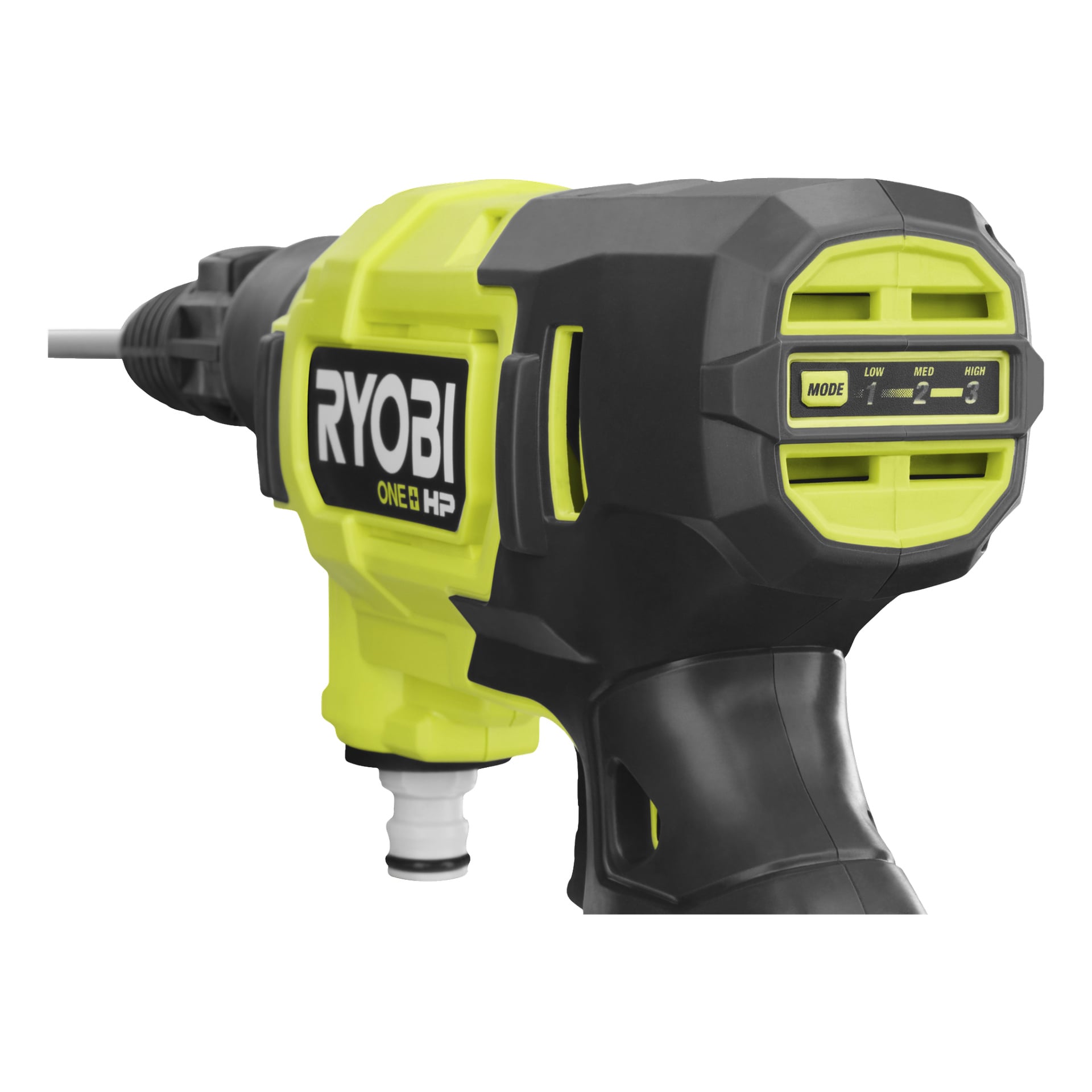 Detaljerad vy av en Ryobi One+ HP batteridriven medelhög högtryckstvätt, modell RY18PWX41A-0, med fokus på lägesvalsbrytaren som erbjuder låg, medelhög och hög hastighet. Enheten är huvudsakligen svart med livfulla gula detaljer och visar tydligt Ryobi-logotypen.