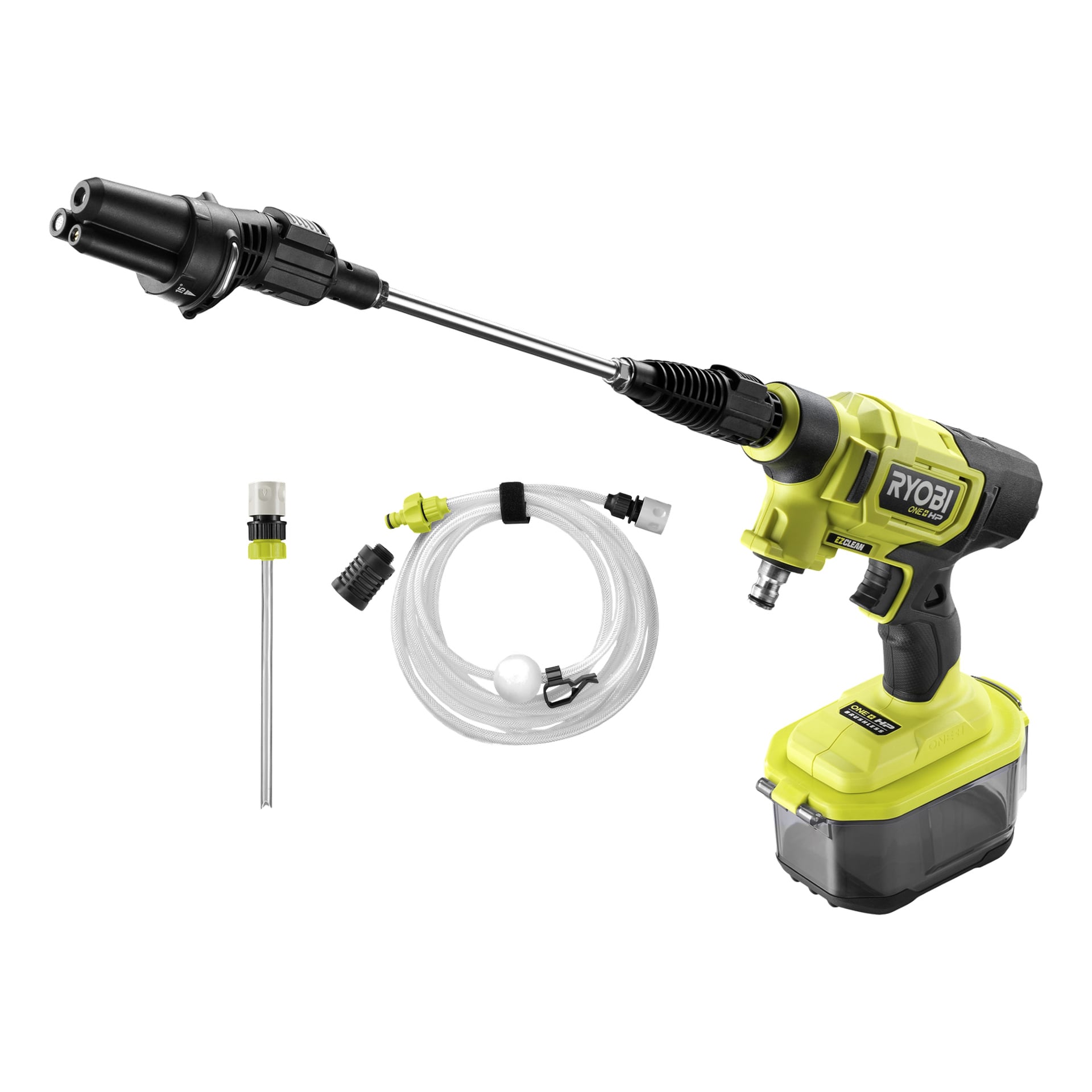 Ryobi One+ HP batteridrivna medelhögtryckstvätt RY18PWX41A-0 visas och har ett långt munstycke, batteripack, transparent slang, filter, skumkanonfäste och olika kontaktdelar.