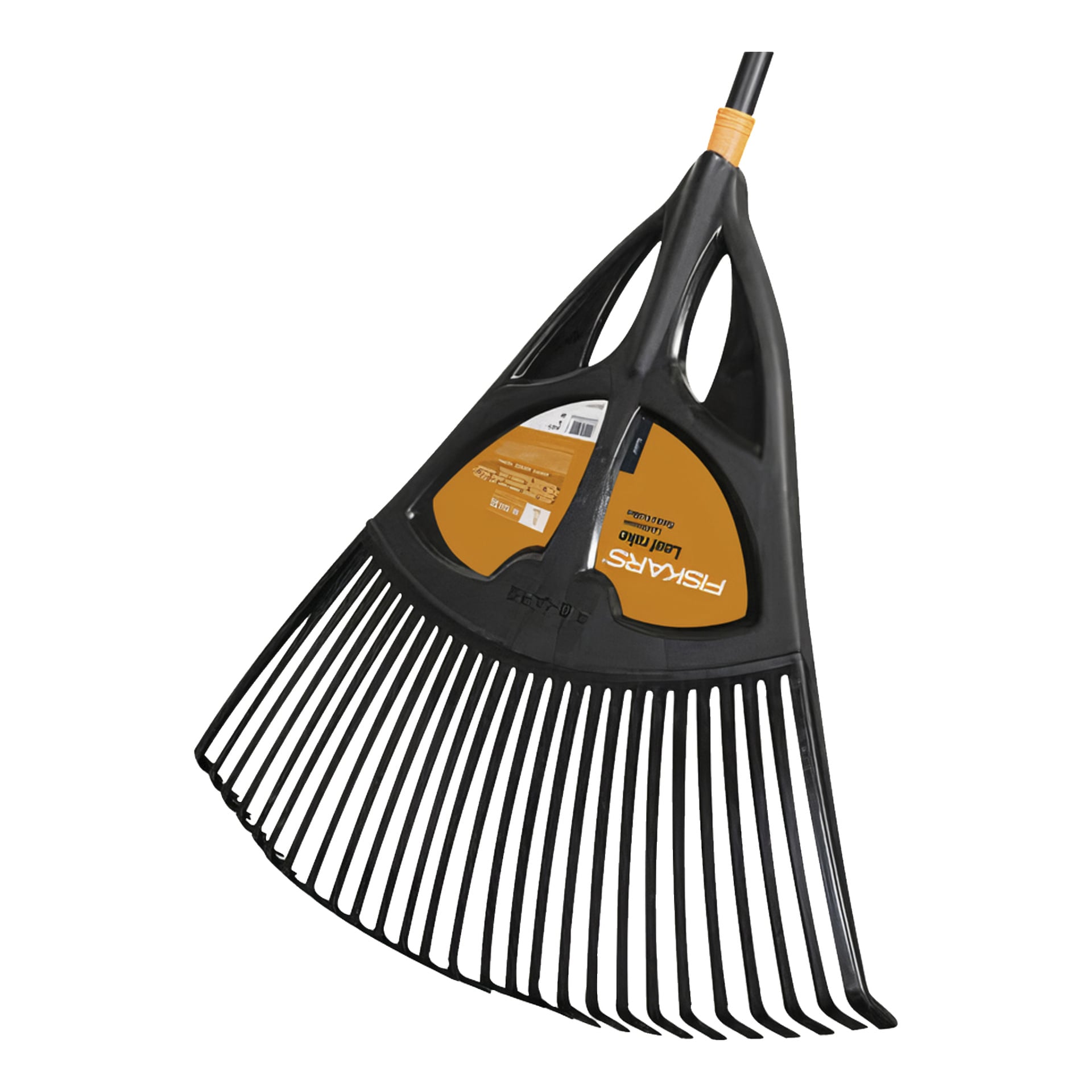 Na zdjęciu widać Fiskars Rake Solid XL z szeroką czarną plastikową głowicą, szerokimi zakrzywionymi zębami i pomarańczową metką Fiskars z przyczepioną etykietą Fiskars, pokazującą część czarnej rączki u góry.