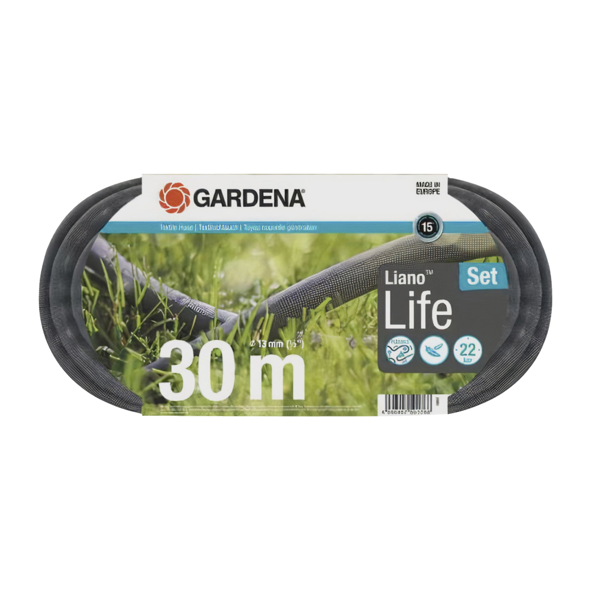 Gardena Liano Life trädgårdsslangset är förpackat med en bild på slangen som ligger på gräset. Förpackningen anger att slangen är 30 meter lång och 13 mm i diameter, och framhäver dess lätta design, visar flera funktionsikoner och anger en 15-års garanti.