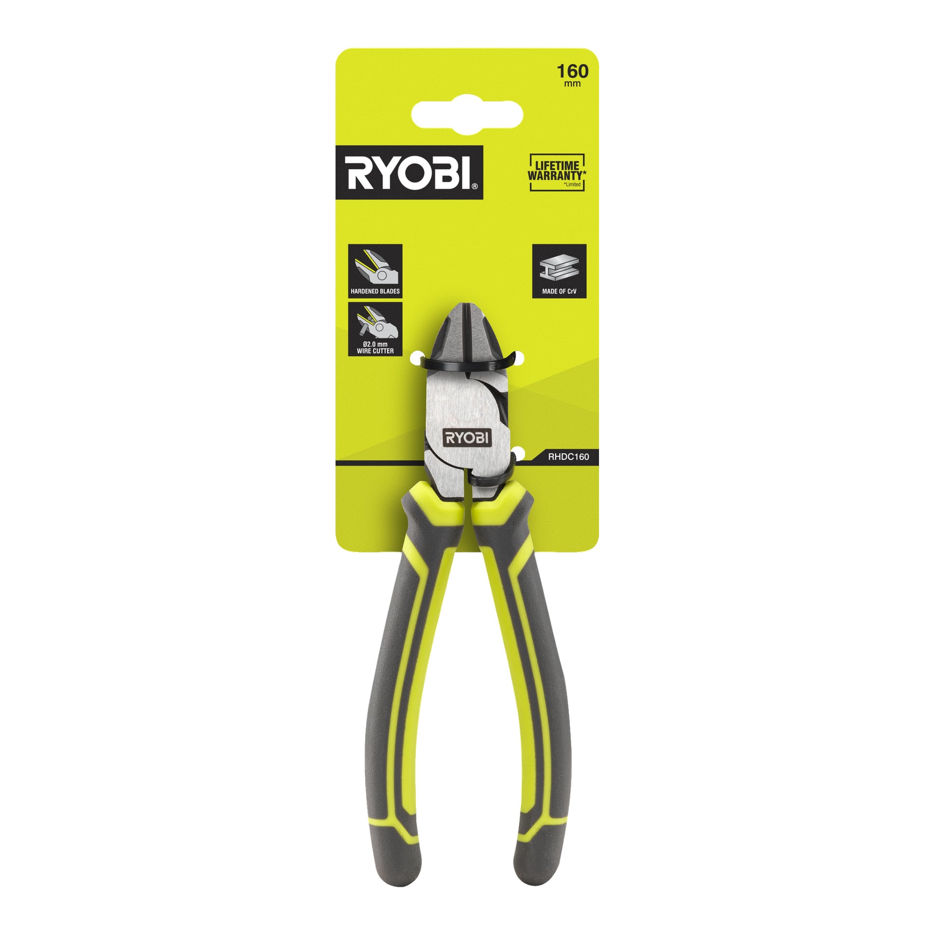 Ryobi RHDC160 trådavbitare i gul och svart förpackning, med sega, härdade blad gjorda av CV-stål och designade för trådklippning. Förpackningen innehåller Ryobi-logotypen och en ikon som anger livstidsgaranti.