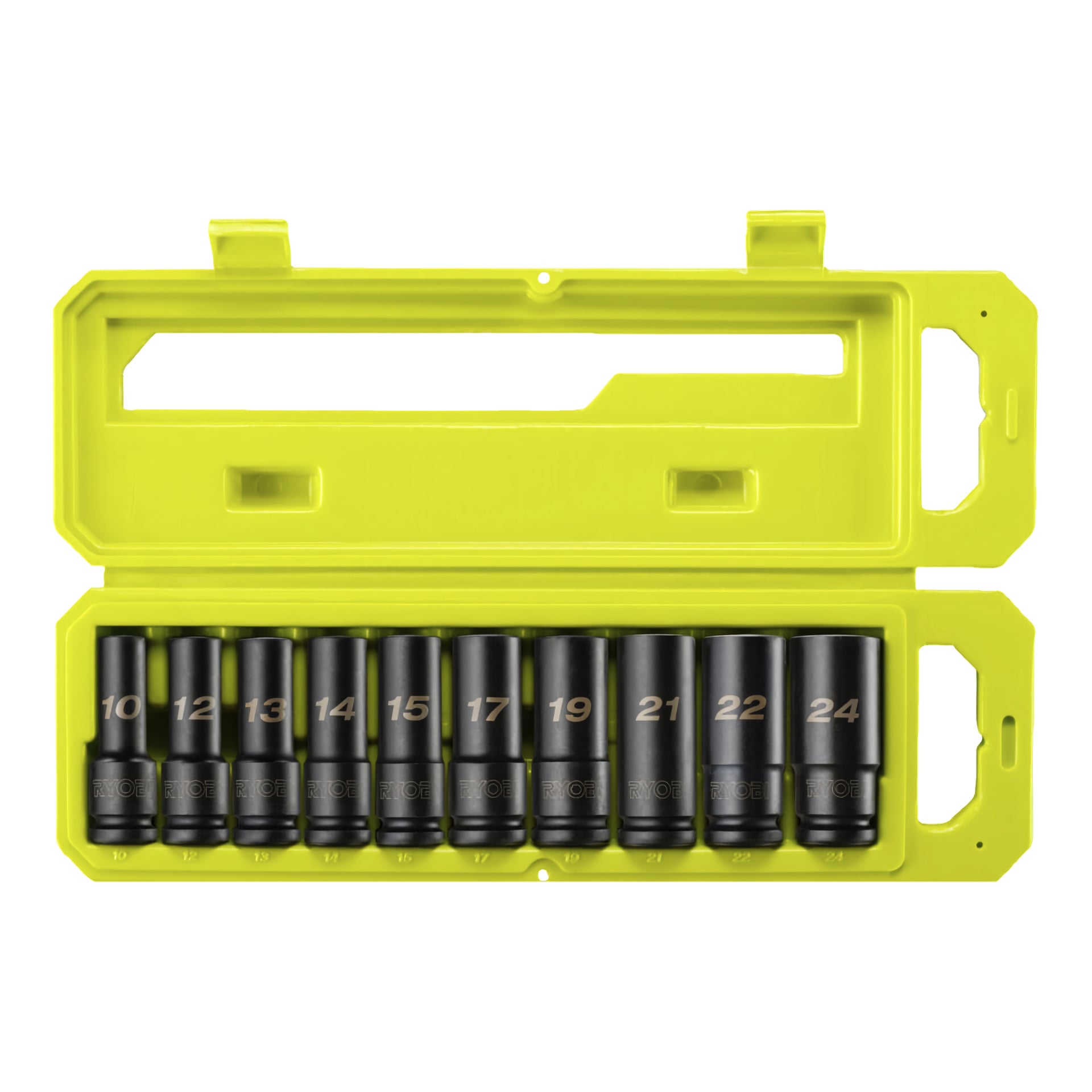 Ryobi RHDIS10PC-hylsorna har tio svarta slaghylsor med orange markeringar: 10, 12, 13, 14, 15, 17, 19, 21, 22 och 24. De är organiserade från vänster till höger i ett klargult plastfodral.