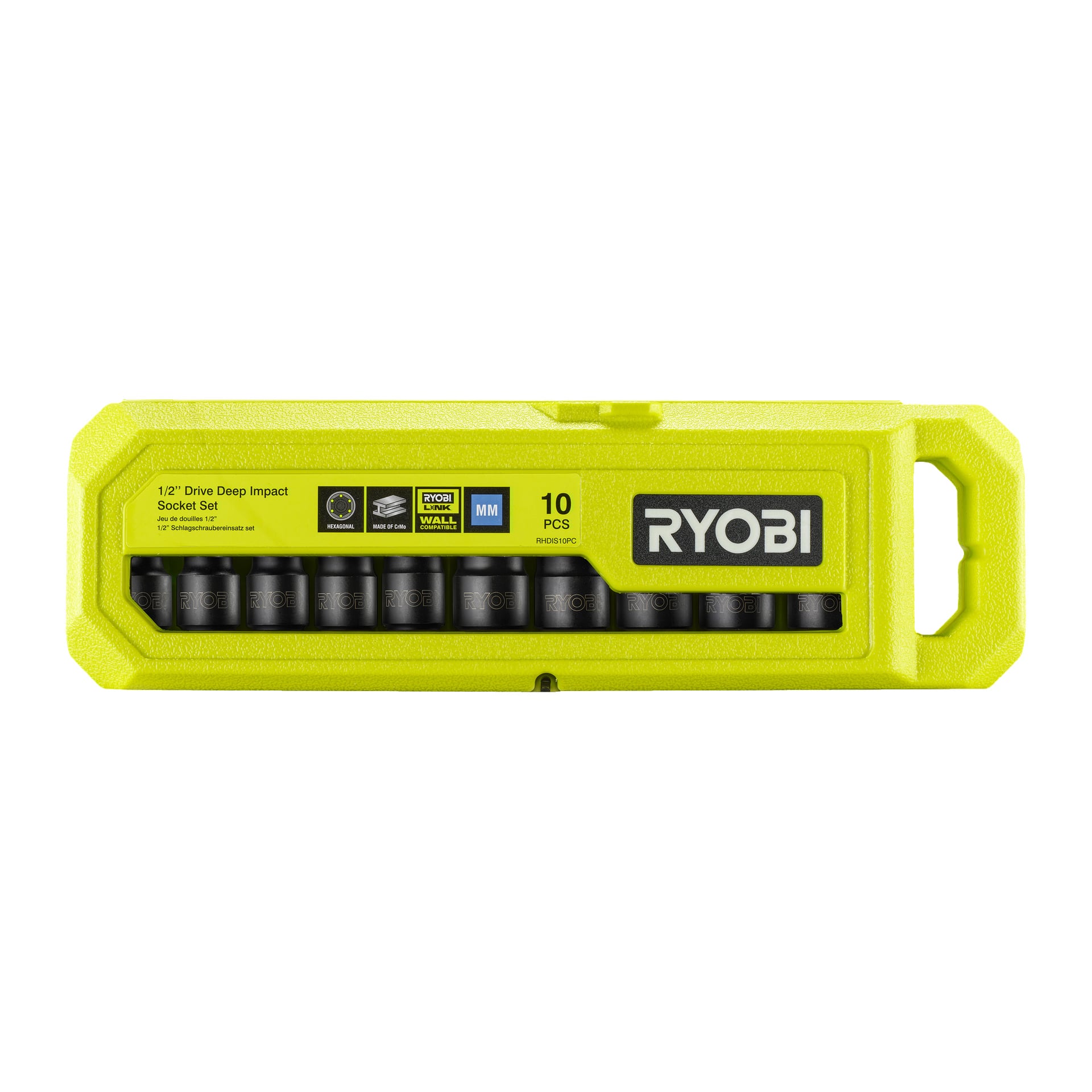 Ett gult Ryobi-fodral visar RHDIS10PC hylsset, innehållande 10 djupa slaghylsor för en 1/2" drivning. Fodralet visar Ryobi-varumärke, produktinformation och inkluderar ett transparent fönster som visar hylsorna inuti.