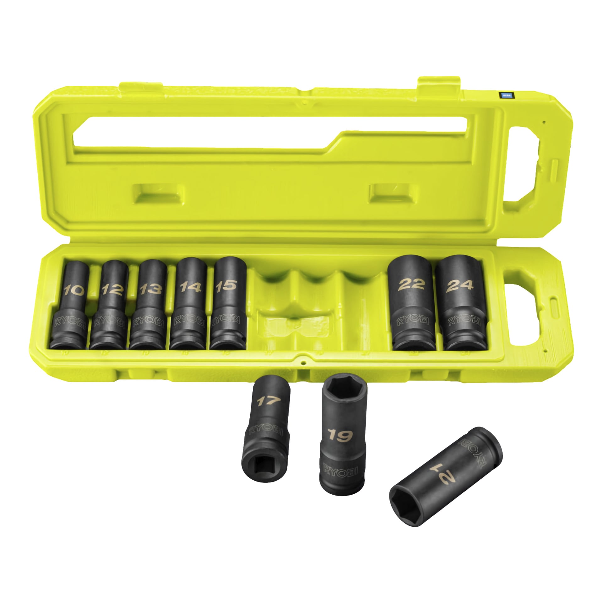 Ryobi Socket Set RHDIS10PC levereras i ett slitstarkt gult plastfodral med 10 djupa slaghylsor i olika storlekar. Tre svarta hylsor är placerade utanför fodralet, och resten är säkert organiserade i specialgjutna fack.