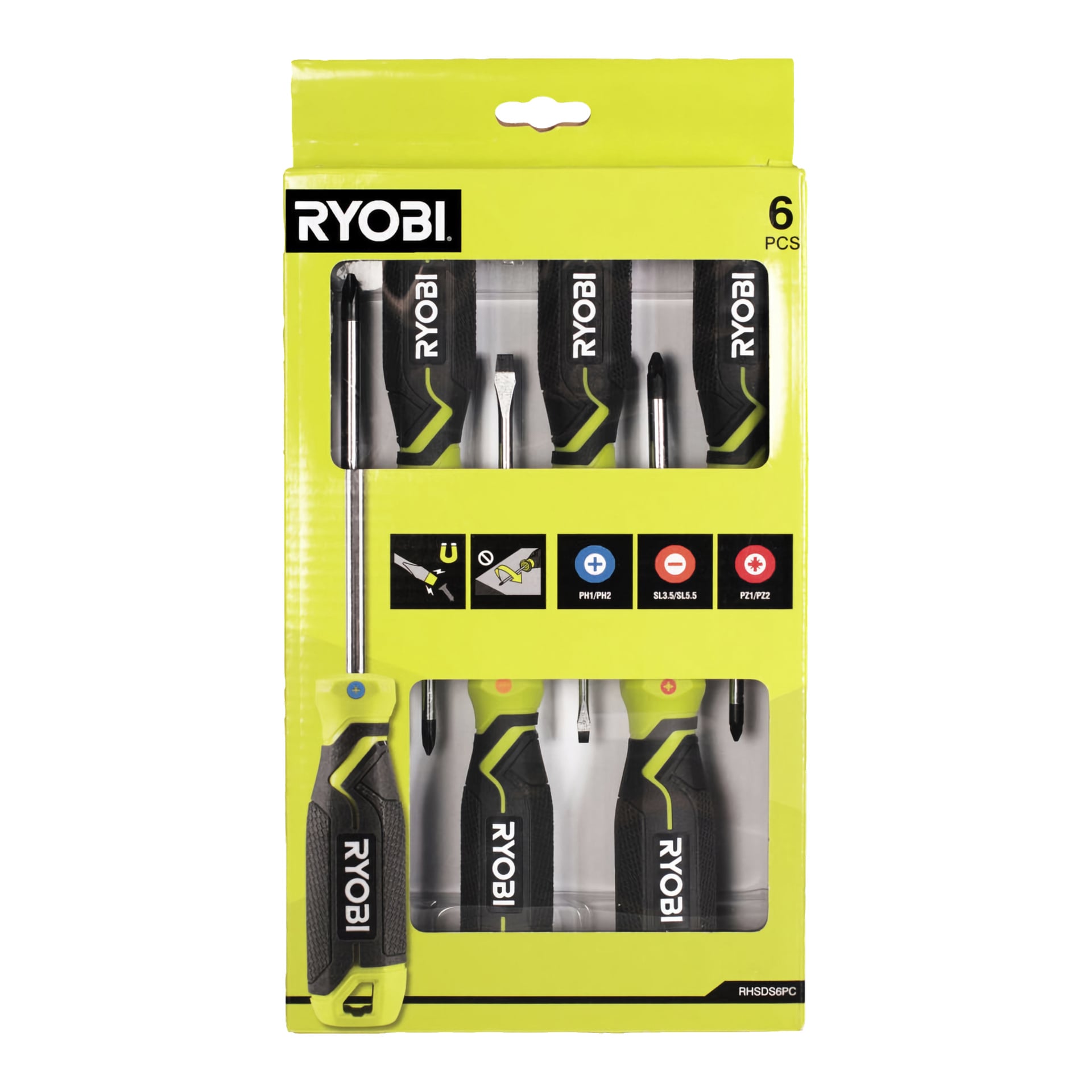 Sex Ryobi RHSDS6PC skruvmejslare i gul förpackning, var och en med ett svart och grönt handtag. Förpackningen visar Ryobi-logotypen tillsammans med ikoner som visar Phillips och slitsade skruvmejslar.