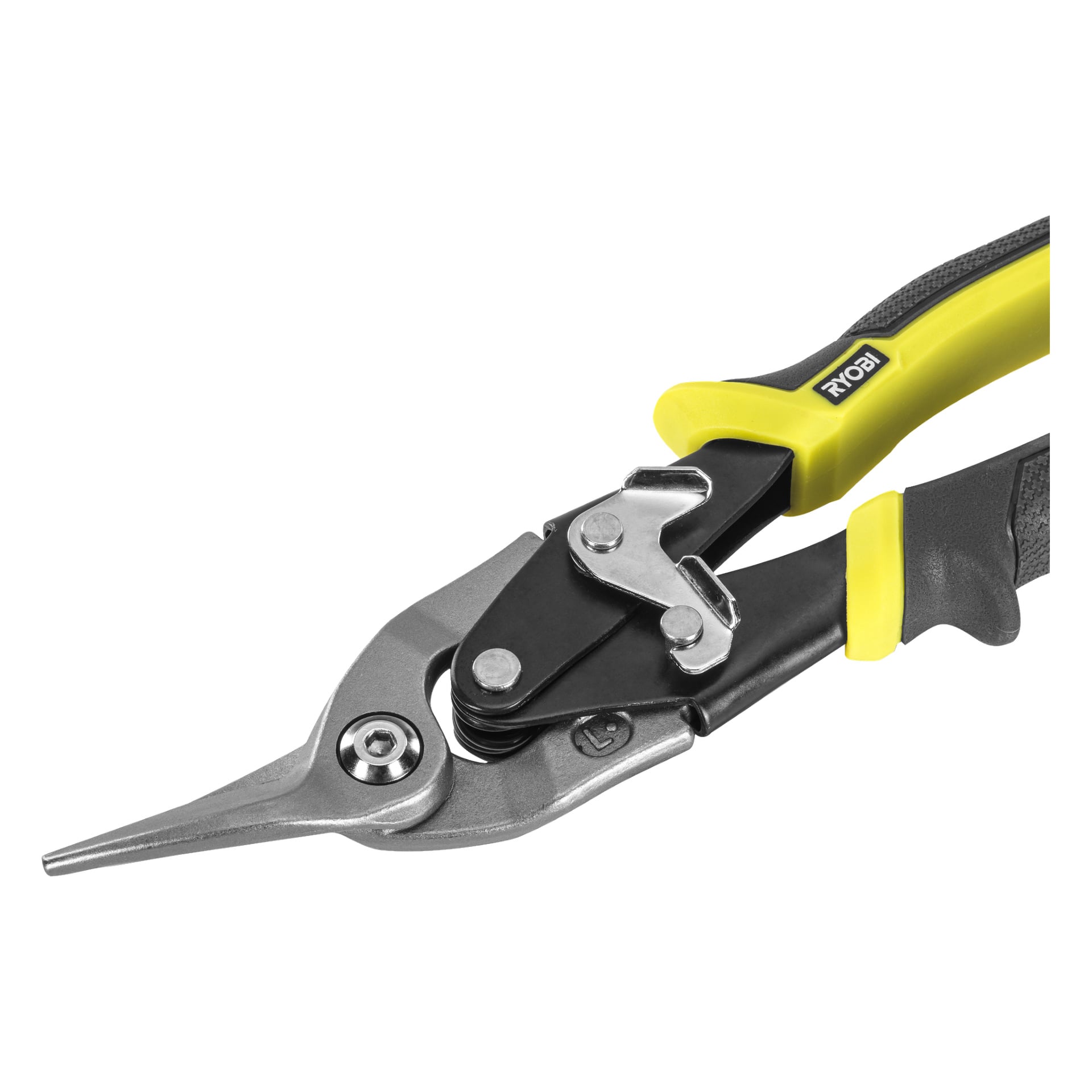 En närbild av en Ryobi Plåtsax RHASL med svarta och gula handtag, utrustad med låsmekanism. Detta verktyg är avsett för att skära plåt eller relaterade material.