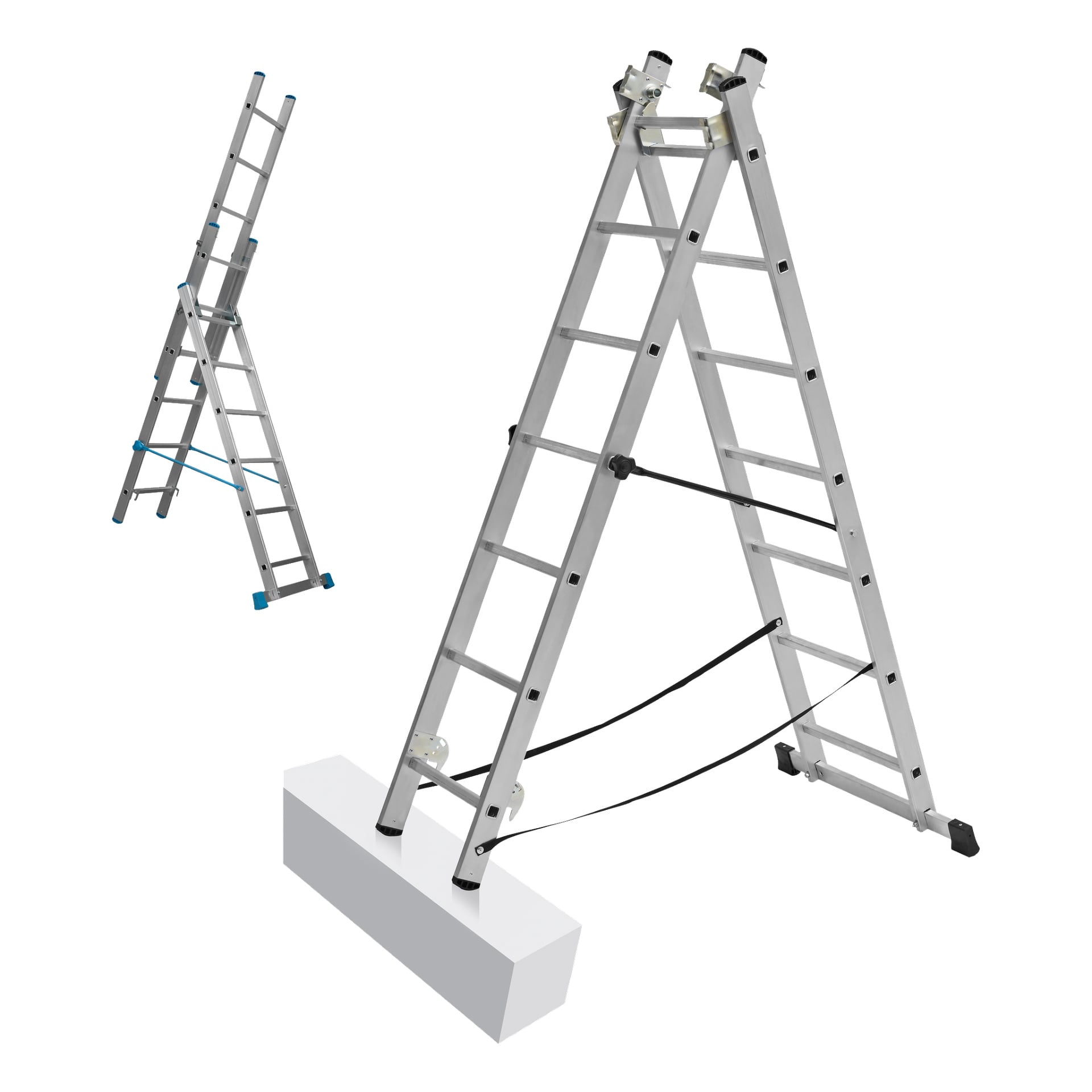 Två Hard Head Combination-stegar med trappfunktion (3x7 steg) är öppna; en är framträdande placerad på en vit kloss framför, och den andra står vinklad i bakgrunden.