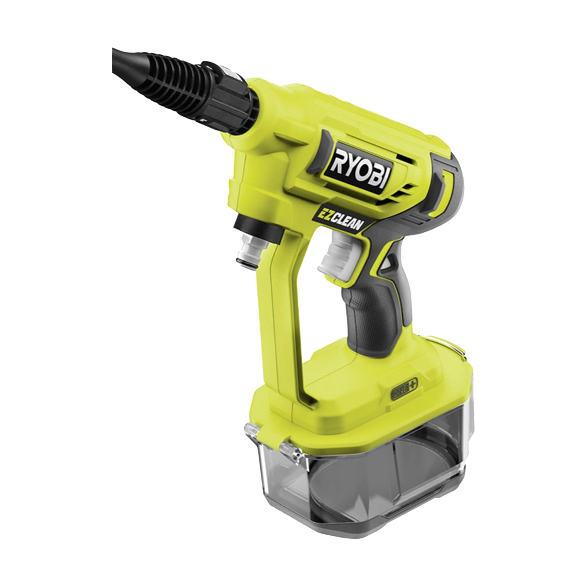 En gul och svart Ryobi One+ RY18PW22A-125 batteridriven medelhögtryckstvätt, utrustad med batterifack, munstycke och ergonomiskt handtag.