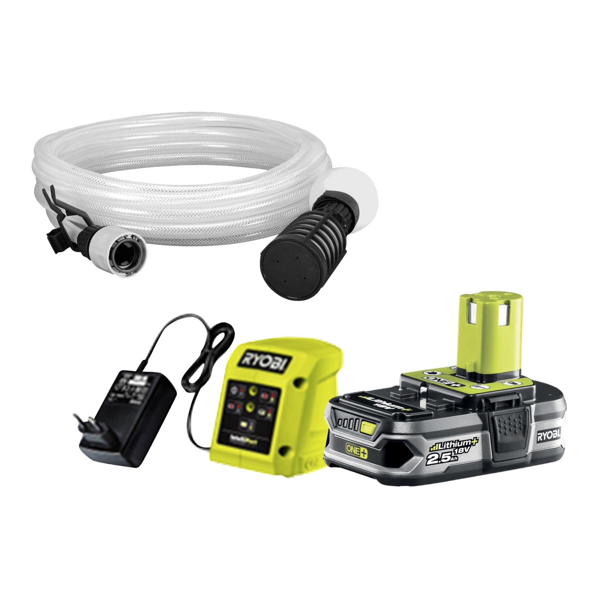 En Ryobi One+ batteridriven medelhögtryckstvätt RY18PW22A-125 visas med medföljande litiumbatteri, laddare, strömadapter och en flexibel plastslang med kontakt och svart lock.